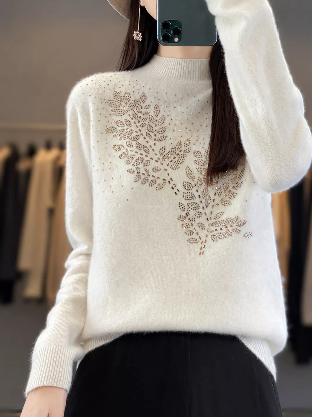 Rhinestone Leaf Mock Neck Sweater — front view