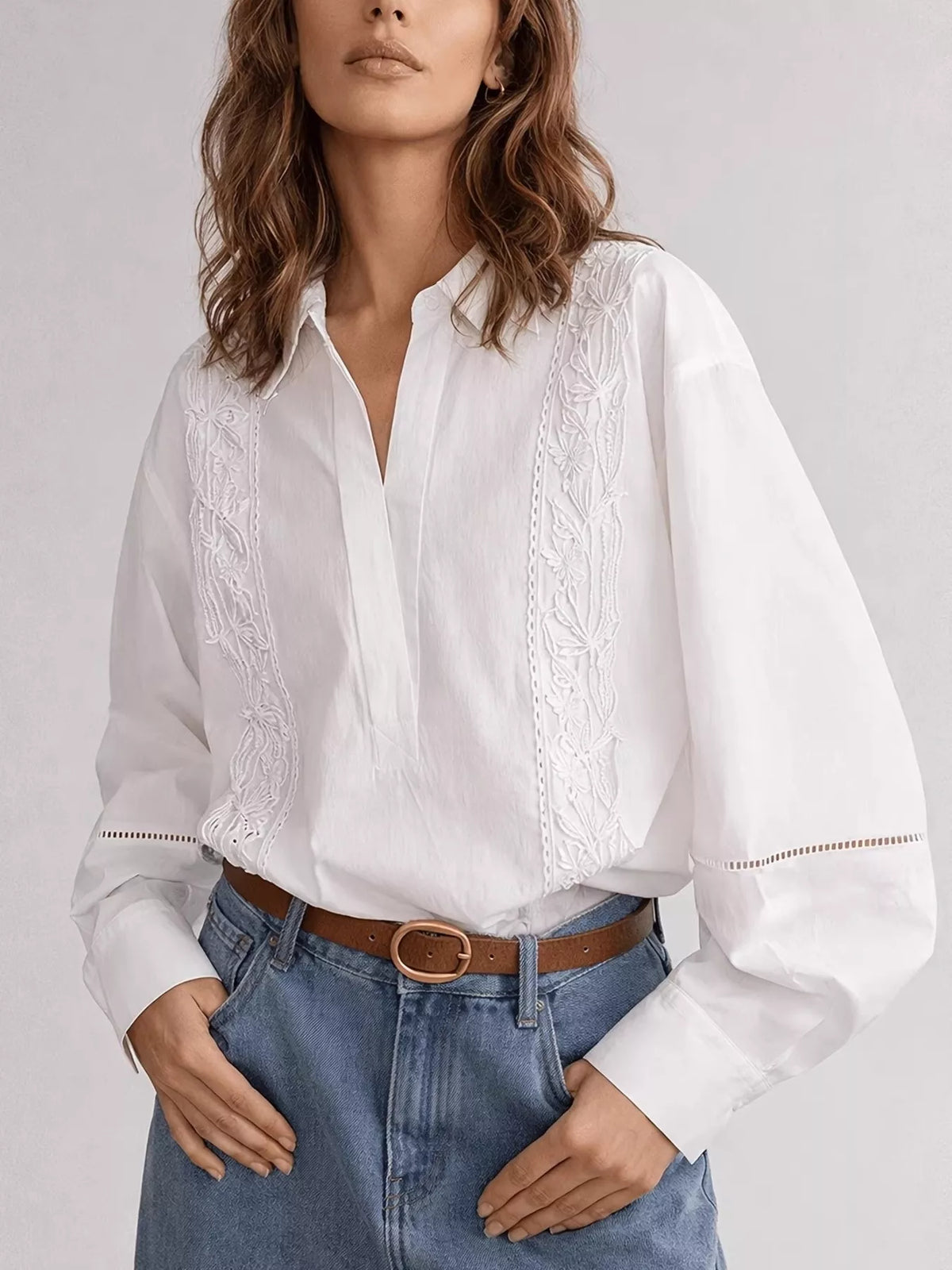 Women's Lace Detail Long Sleeve Shirt in white — front view