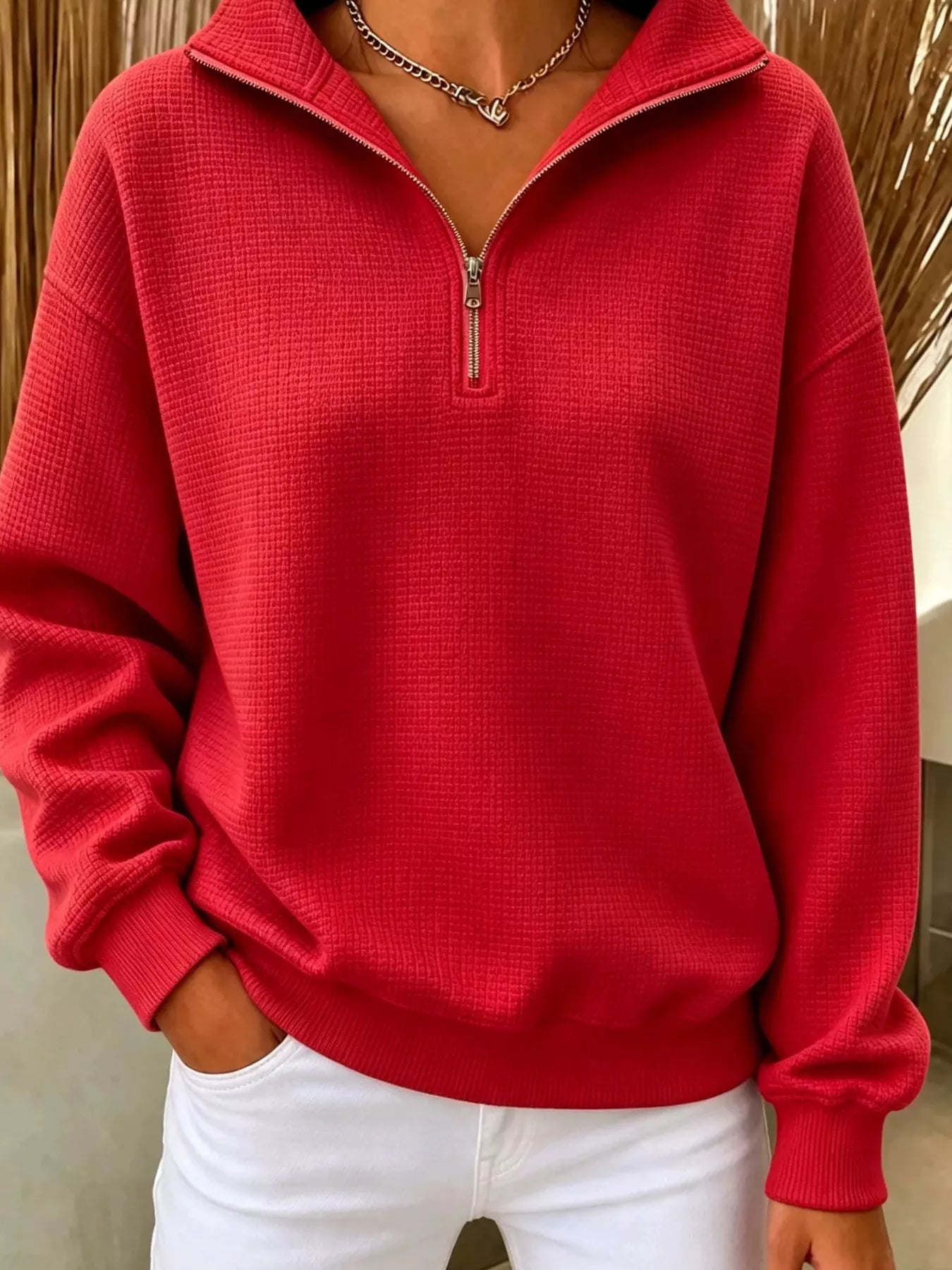 Trendsi Full Size Waffle Knit Quarter-Zip Sweatshirt Plus Size -