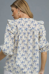 Trendsi Umgee Ruffled Bow Print Notched Blouse -