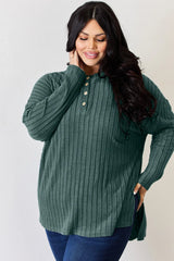Trendsi Basic Bae Full Size Ribbed Half Button Long Sleeve High-Low T-Shirt - Pants