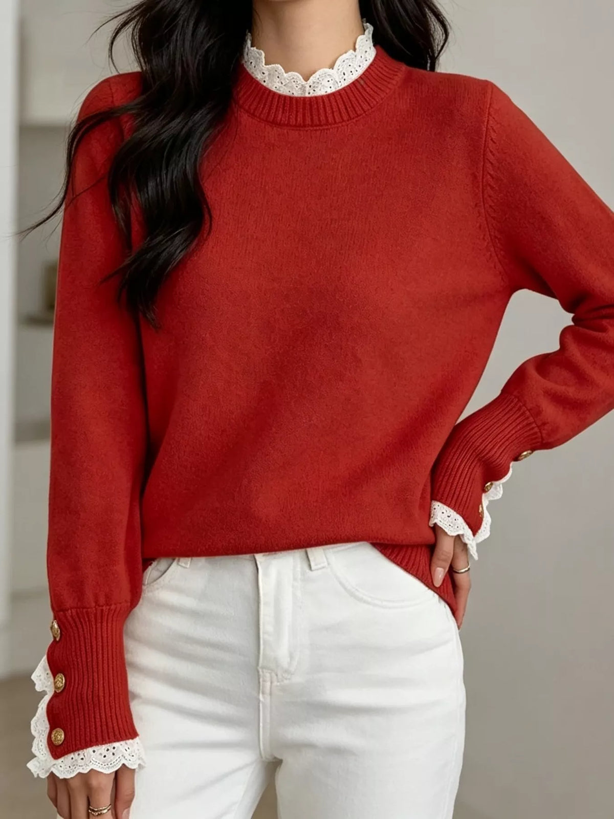 Trendsi Lace Trim Mock Neck Sweater -