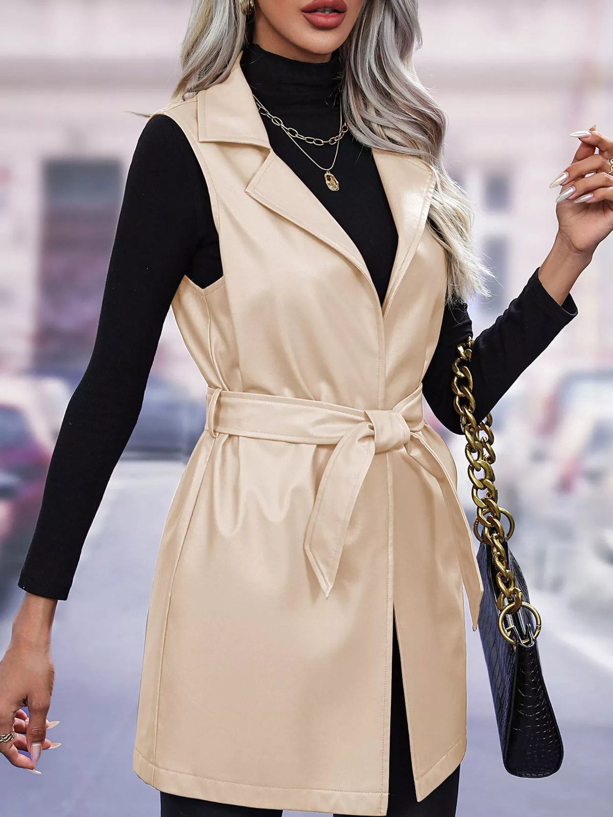Tie Waist Longline Vest in beige, front view