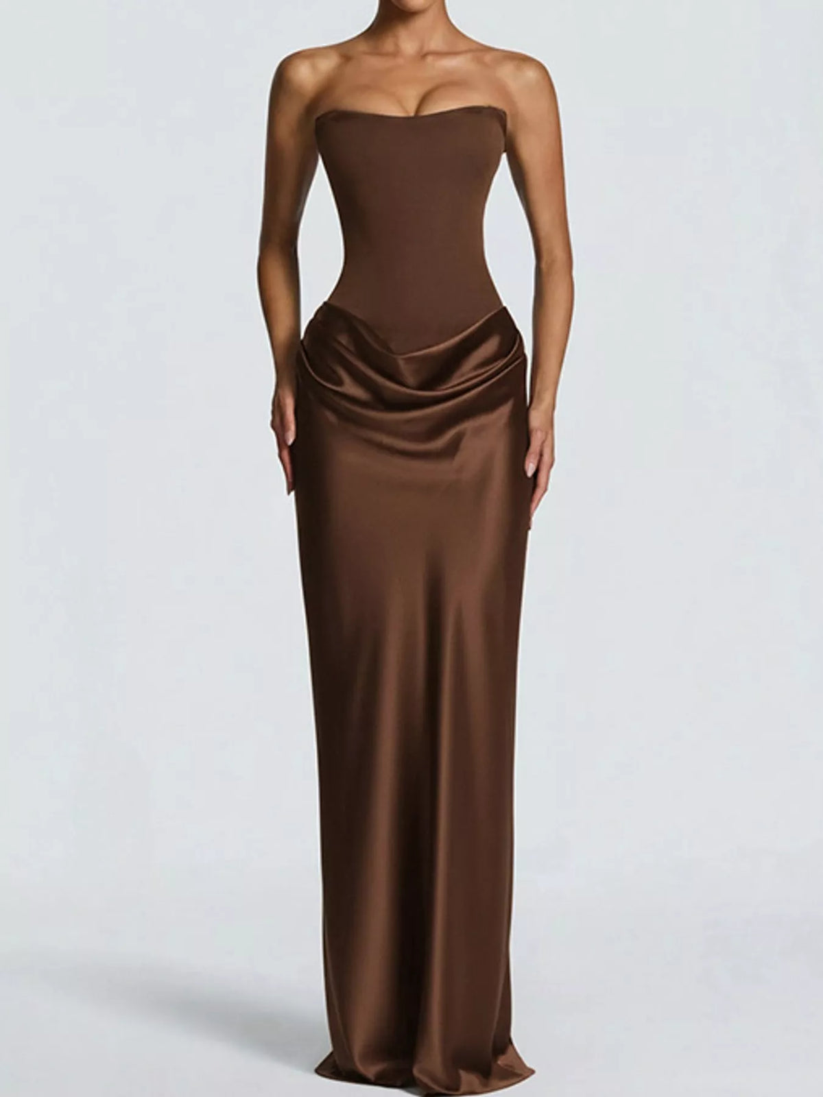 Sweetheart neck strapless maxi dress, front view on model
