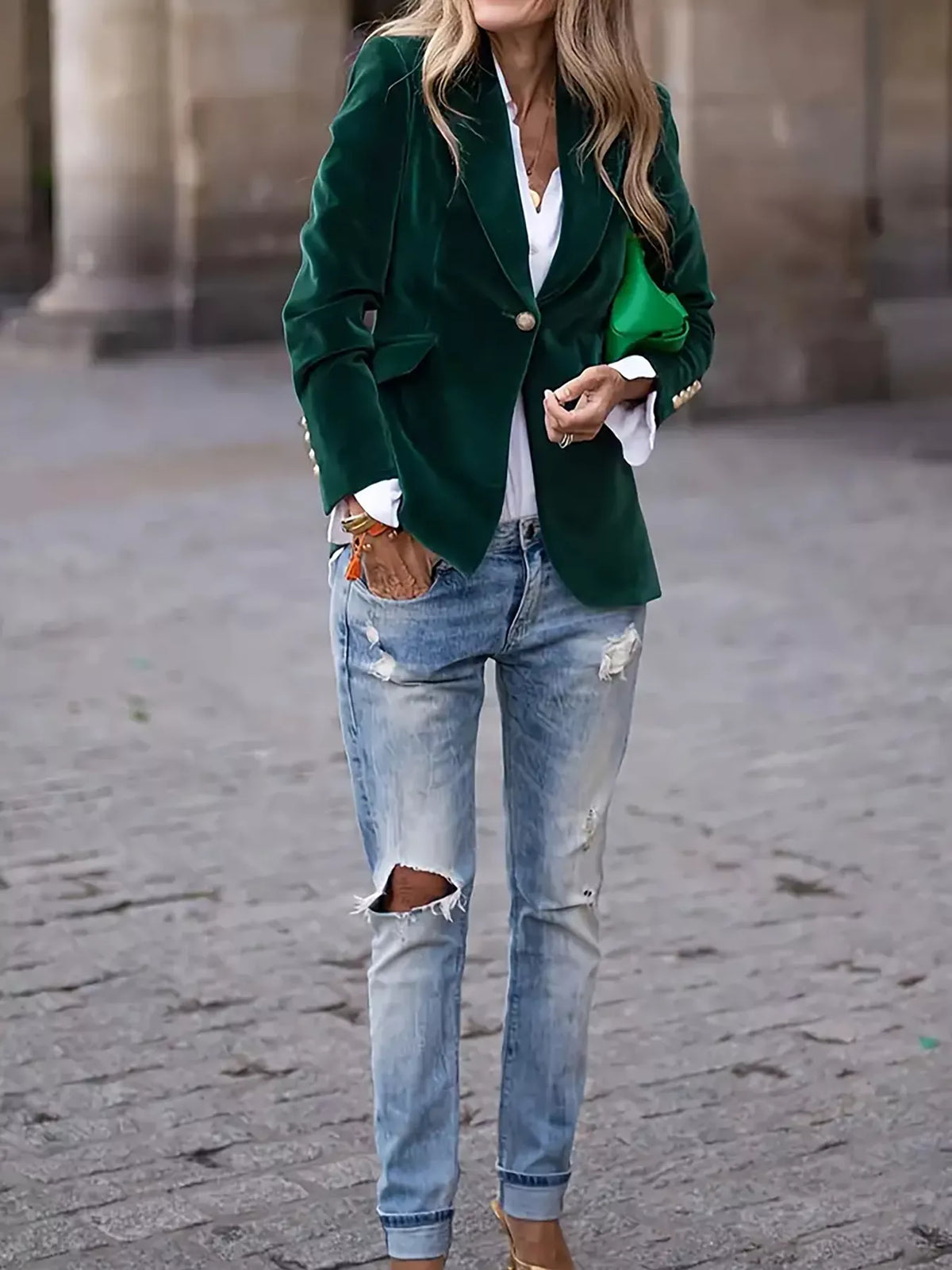 Dark Green velvet single-button blazer