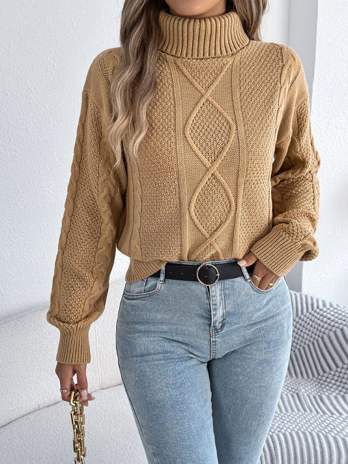 Khaki cable knit turtleneck sweater