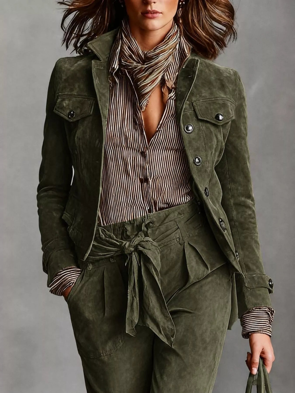 Olive faux-suede button-front utility blazer, full front view.