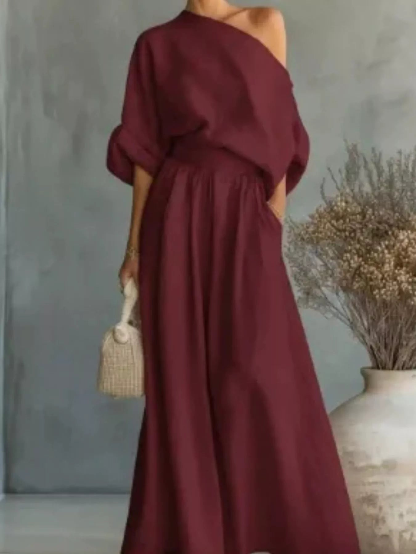 Trendsi Full Size One Shoulder Top and Wide Leg Pants Set Plus Size -