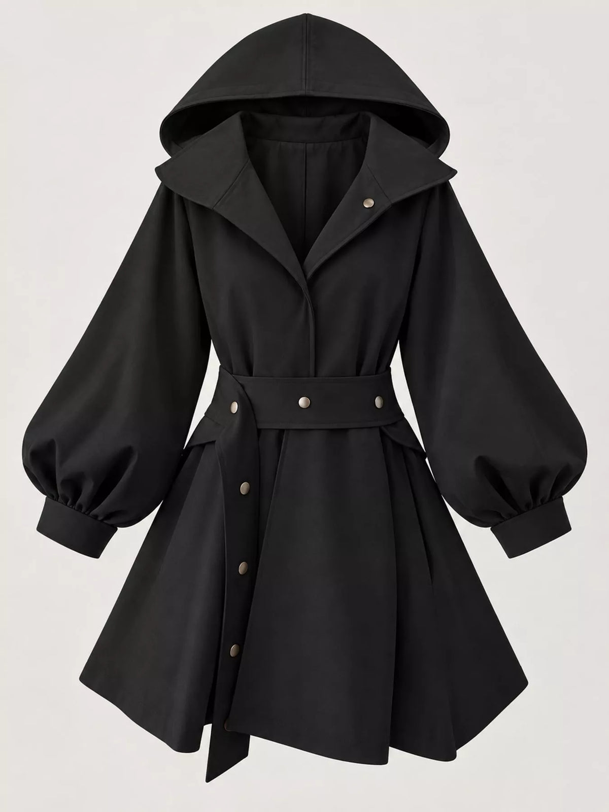 Black lantern sleeve hooded belted jacket