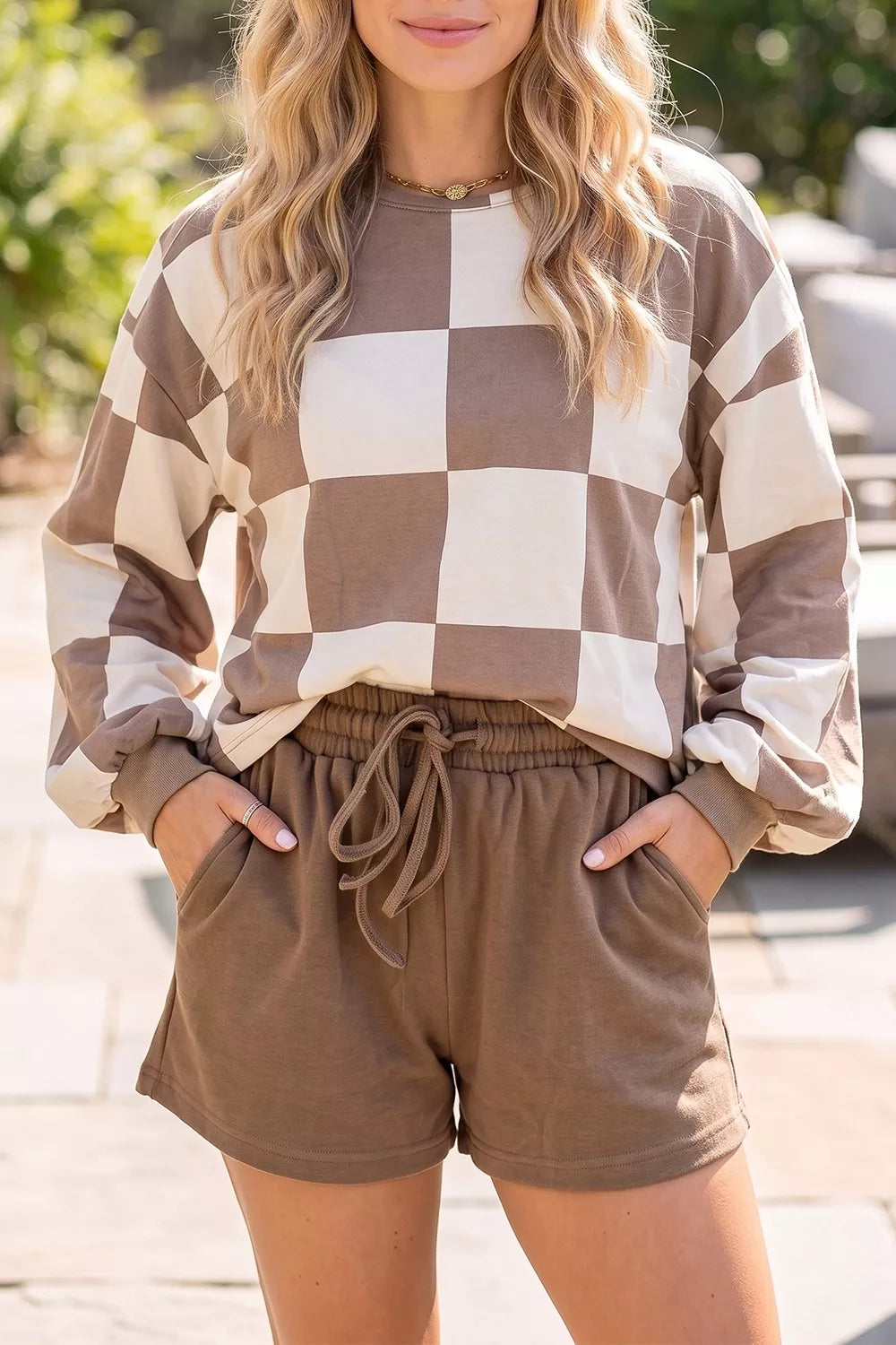 Trendsi Checkerboard Plaid Long Sleeve Solid Color Shorts 2pcs Set -