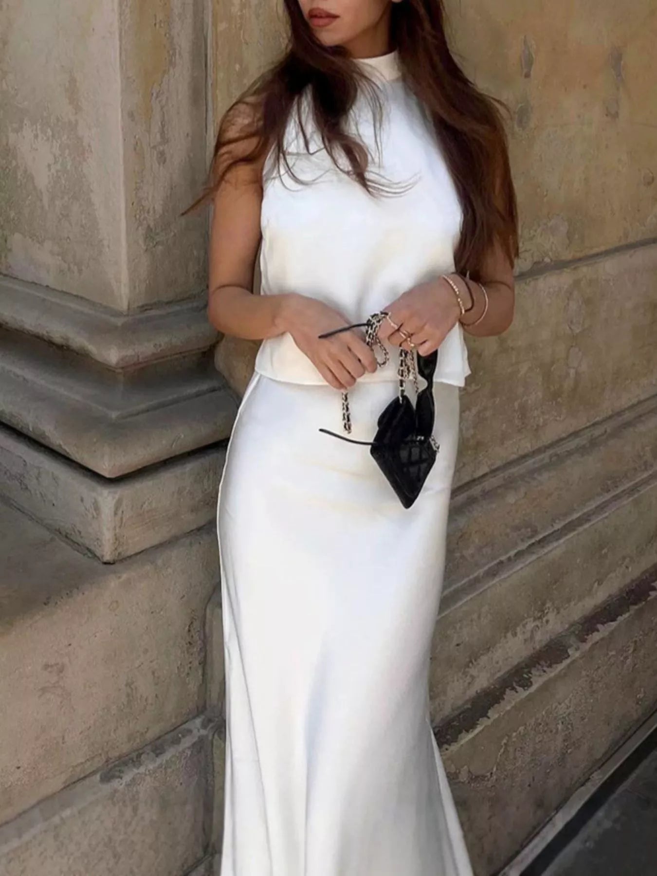 Trendsi Satin Halter Neck Top and Maxi Skirt Two-Piece Set -