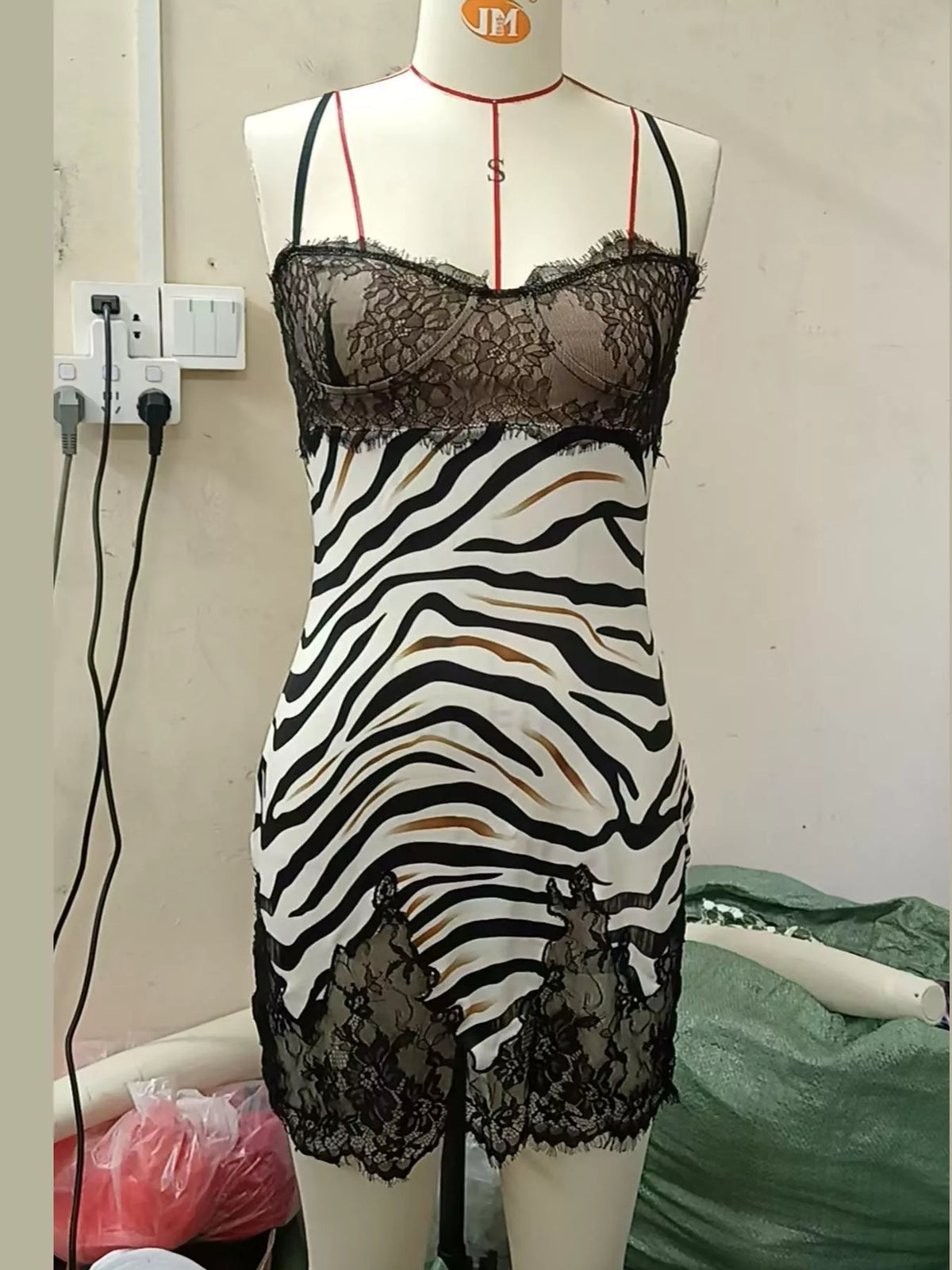 Zebra Print Lace Trim Spaghetti Strap Mini Dress, front view