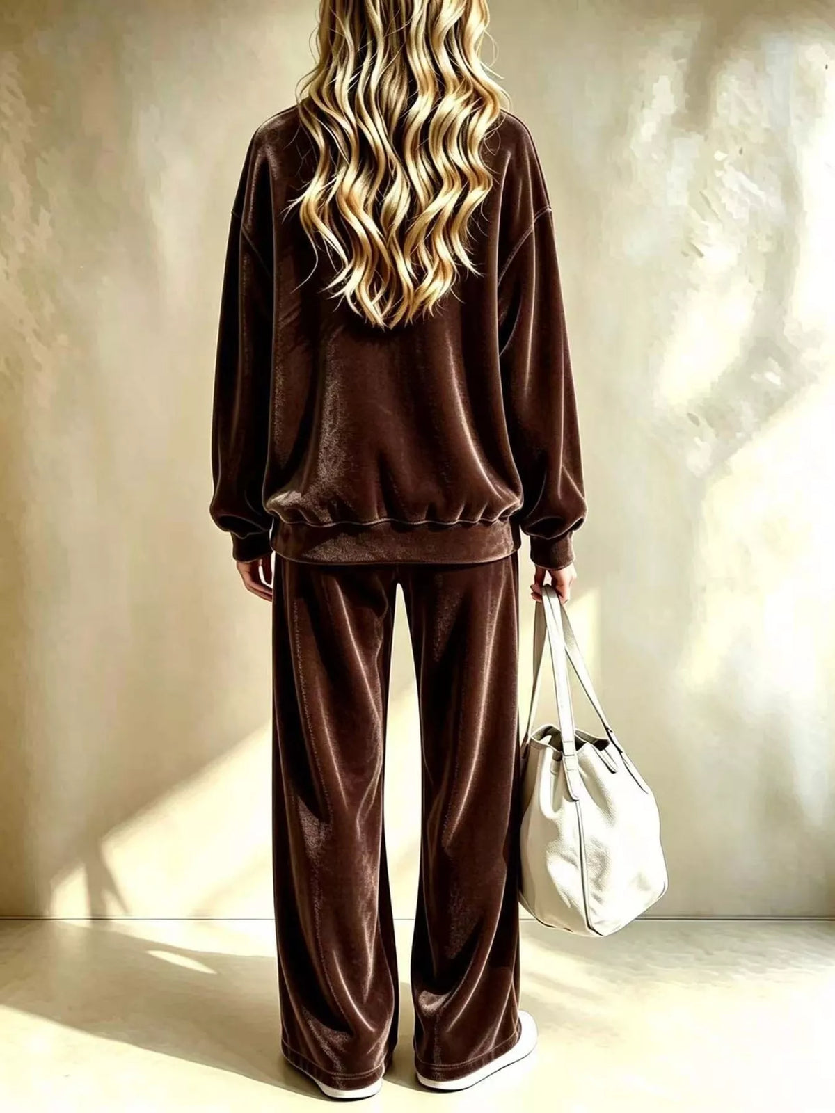 Women's Dropped Shoulder Velvet Top and Wide Leg Pants Set in brown — back view