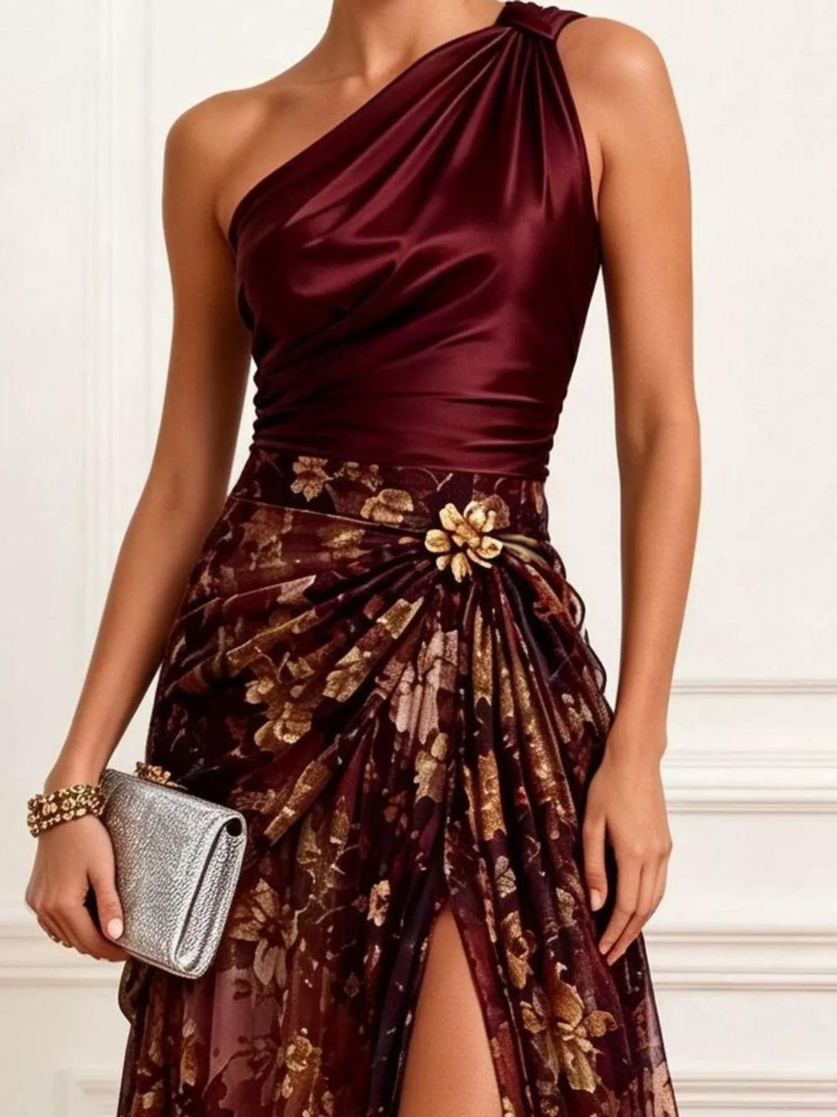 One-Shoulder Floral Print High-Slit Evening Dress — construction details