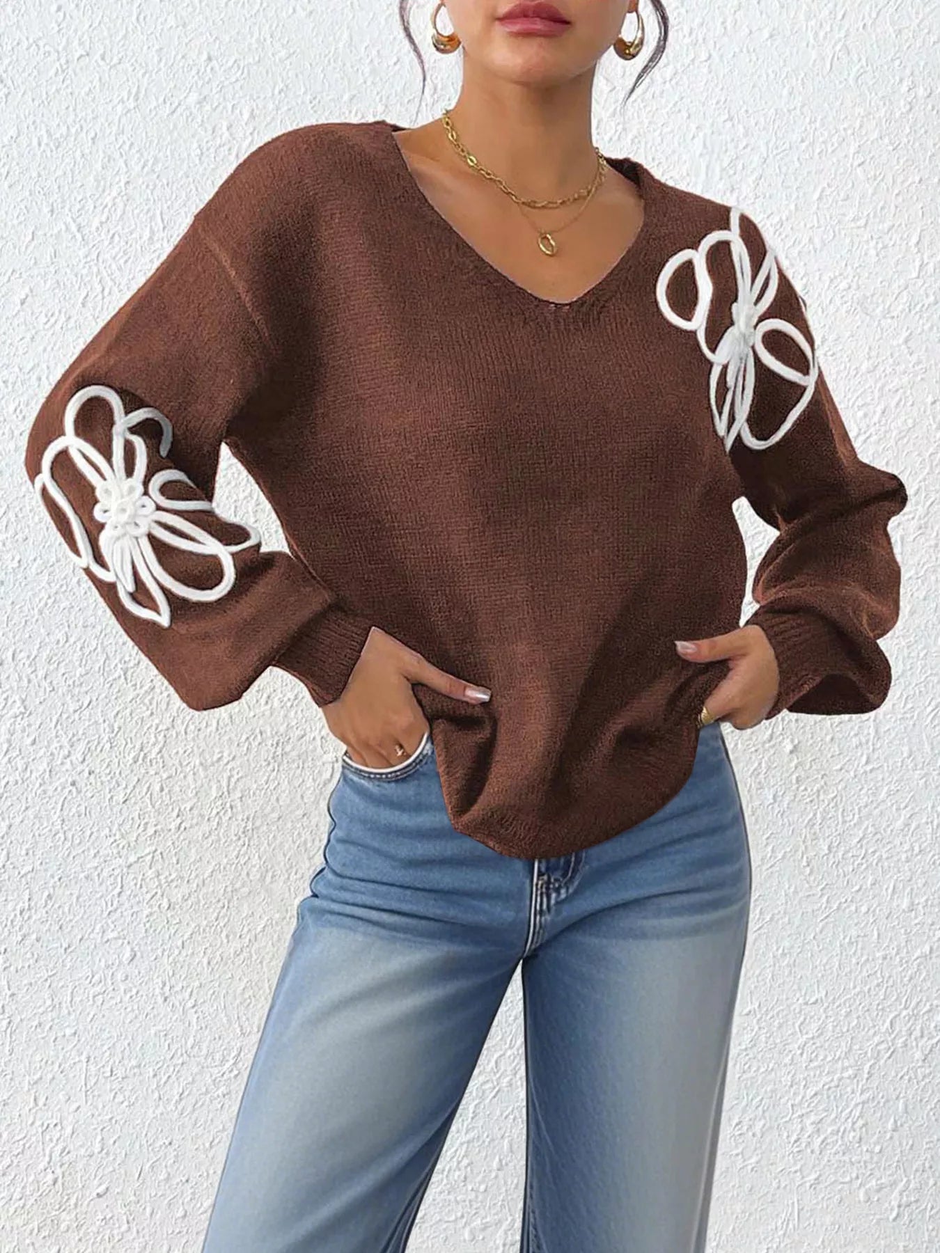 Flower V-neck dropped-shoulder sweater
