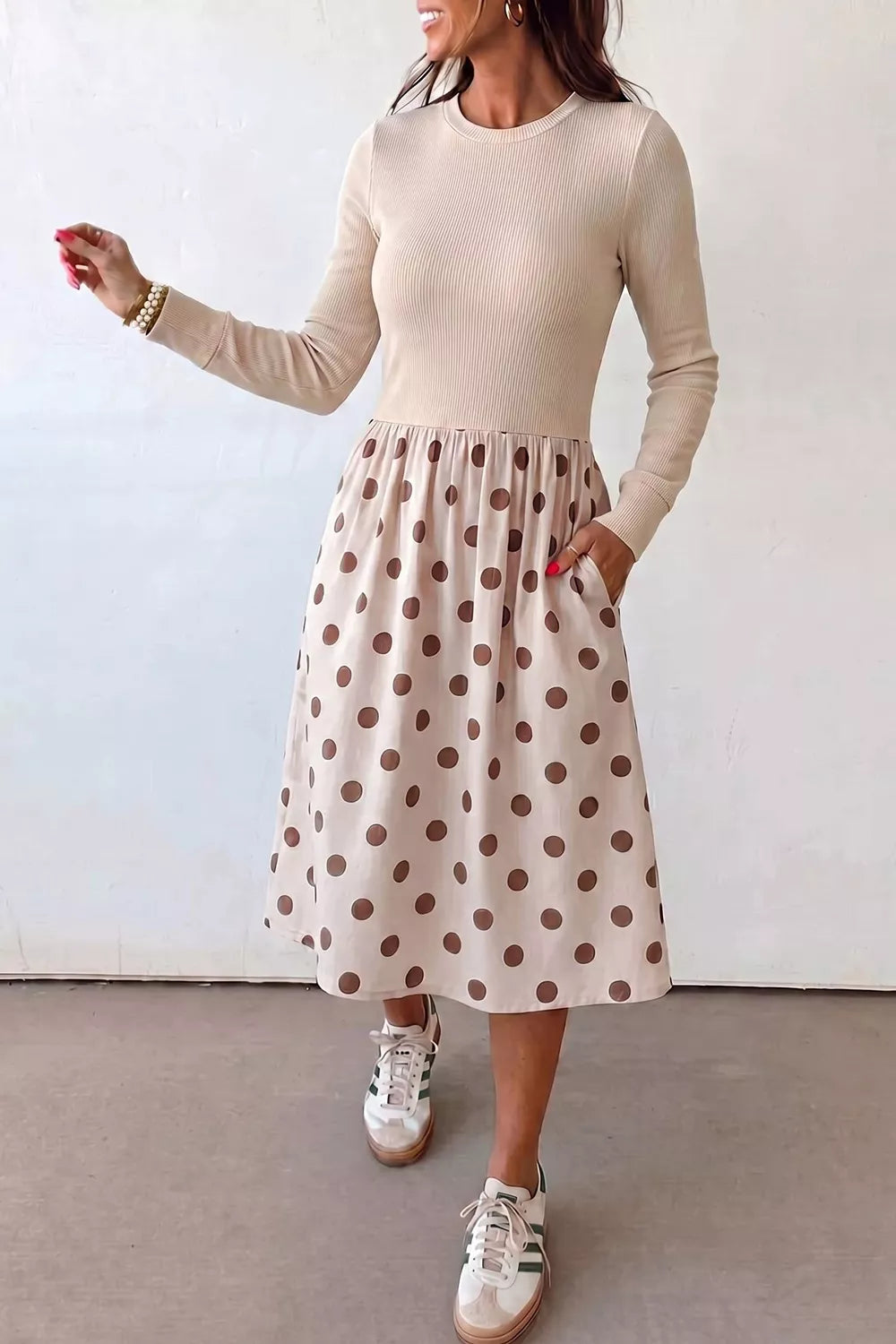 Trendsi Polka Dot Midi Long Sleeve Dress -
