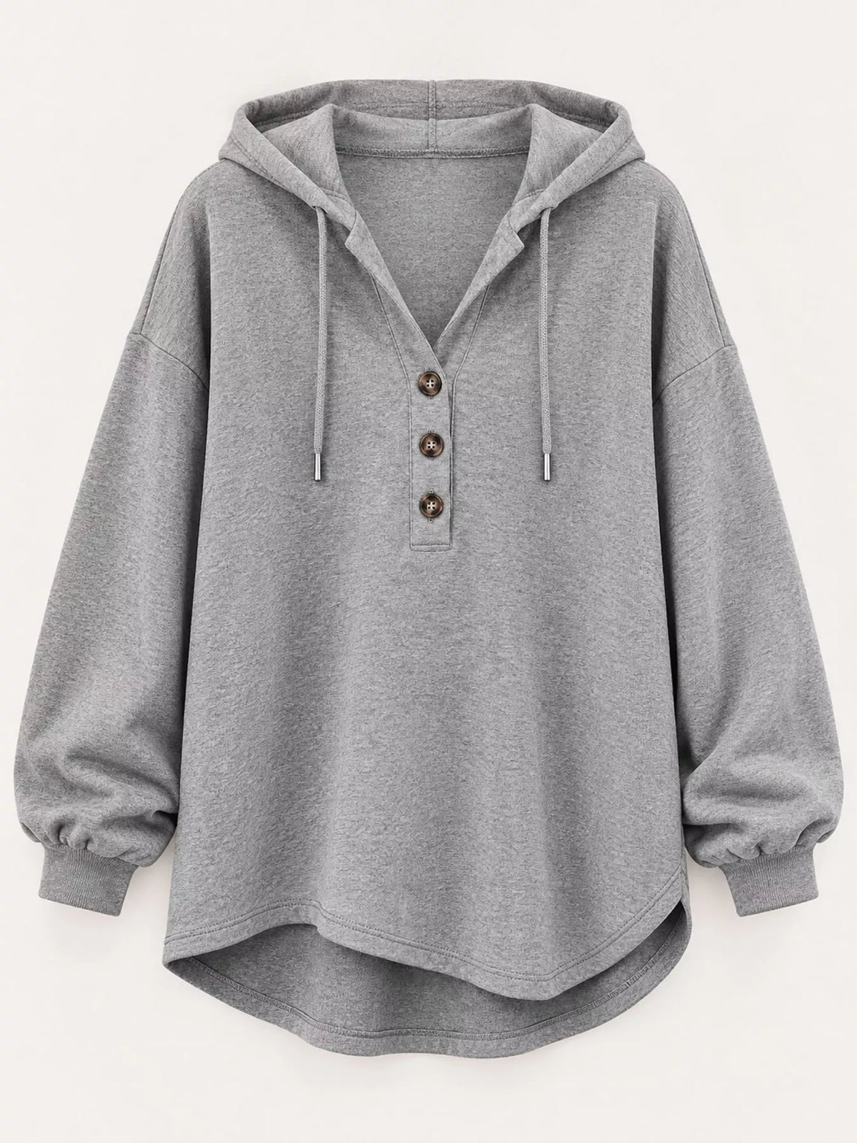 Women's Button Placket Drawstring Dropped Shoulder Hoodie in gray — flat lay view