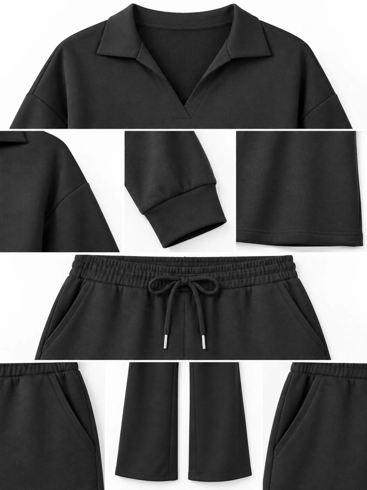 Top and drawstring pants set, black detail collage