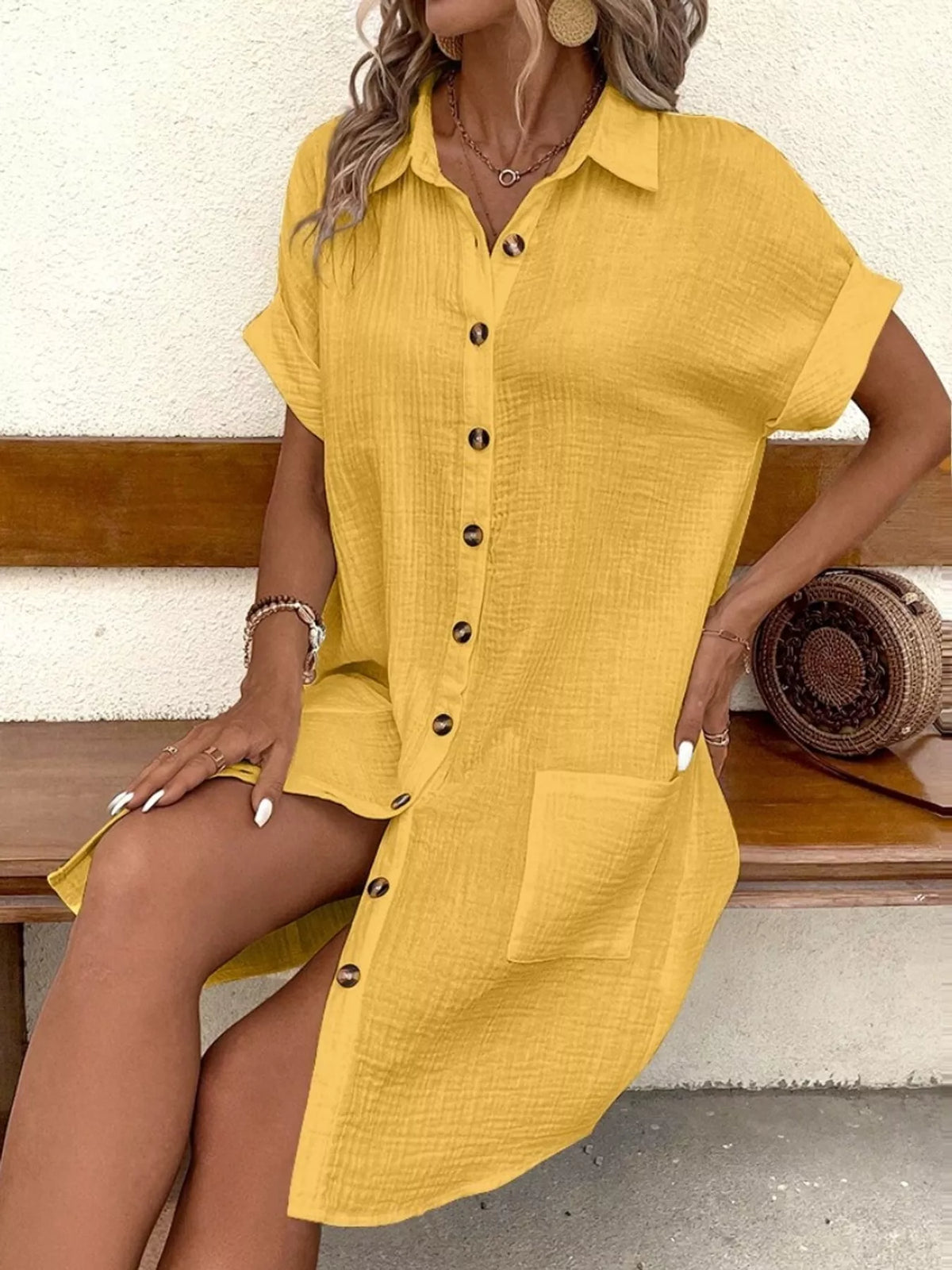 Yellow textured button-front shirt dress with pockets