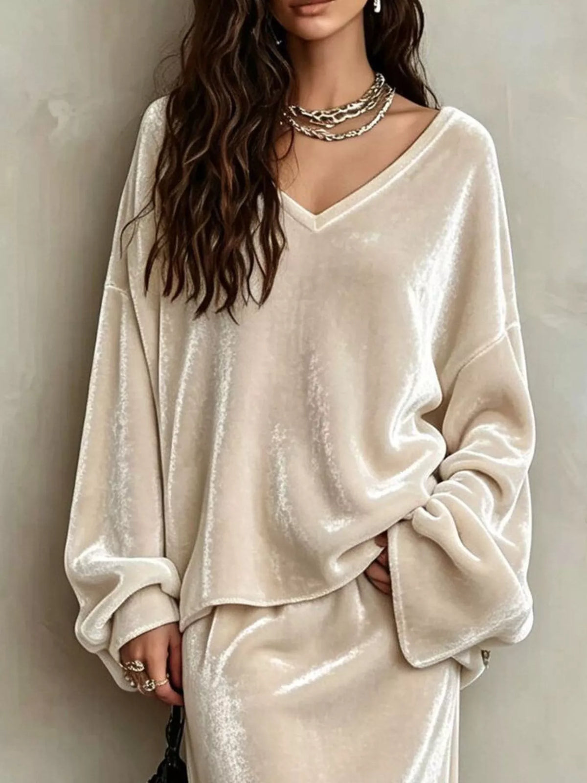 V-Neck Velvet Long Sleeve Top and Maxi Skirt Two-Piece Set in beige, top detail