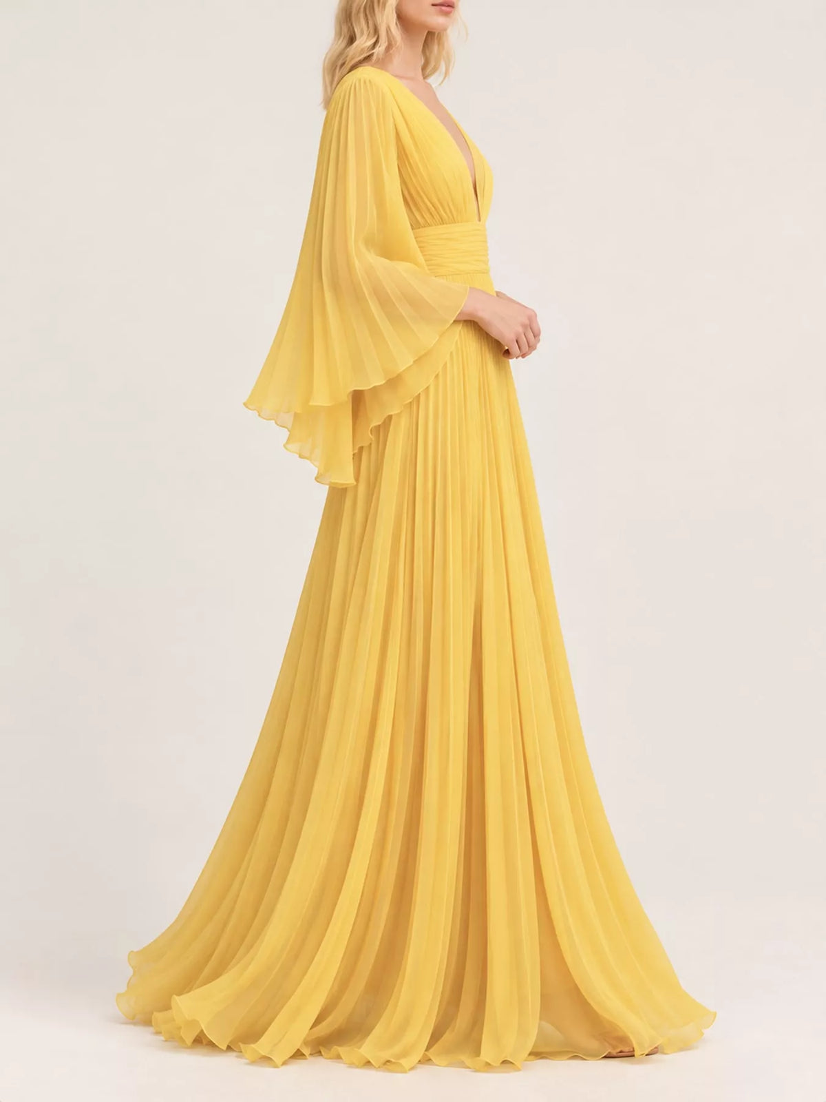 Yellow v-neck pleated maxi dress, side view