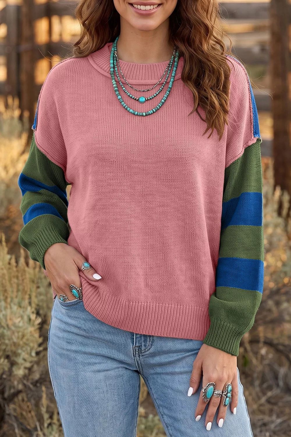 Trendsi Multicolour Western Colorblock Patchwork Striped Long Sleeve Sweater -