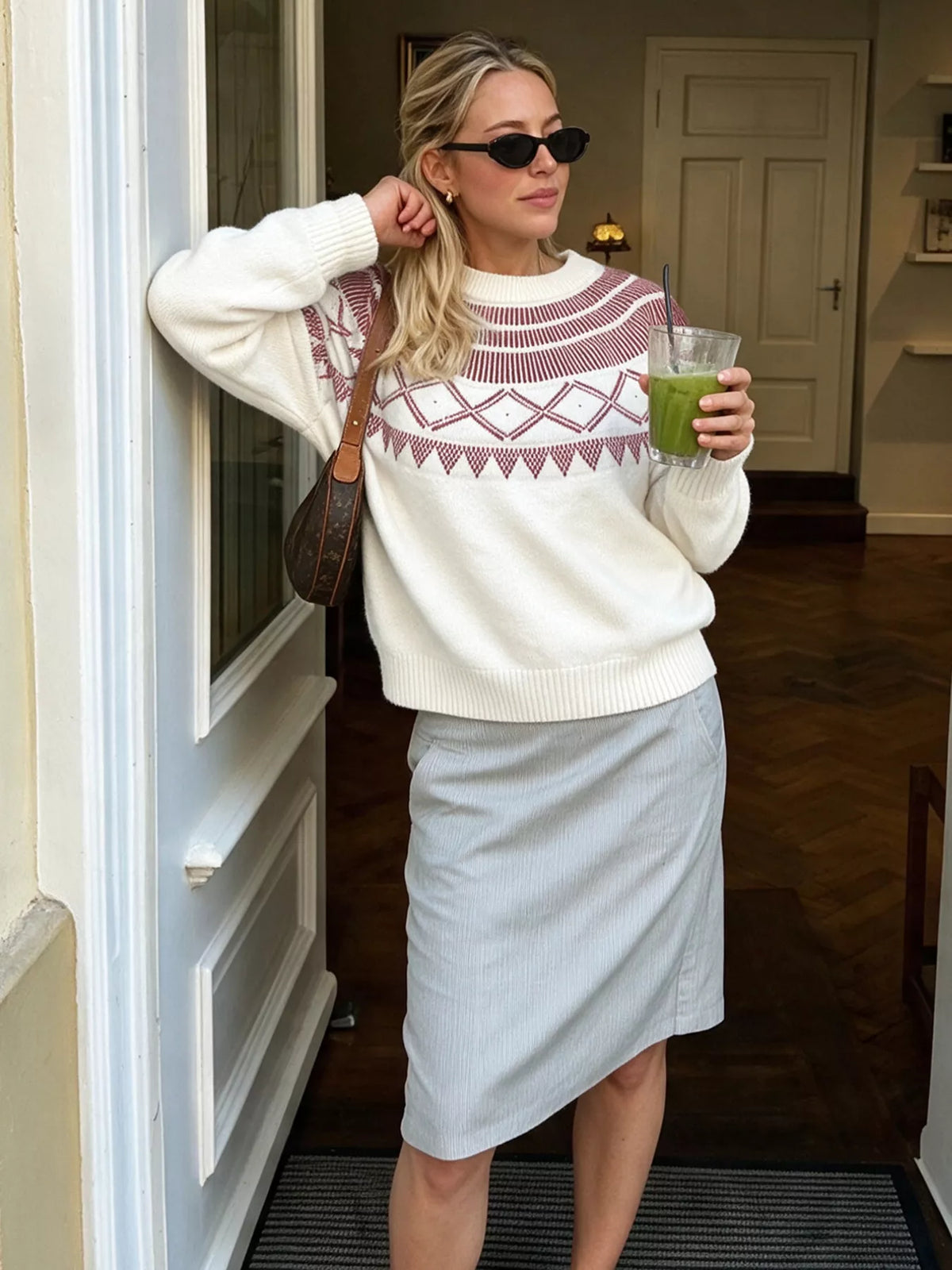Cream geometric crew neck sweater, front styled view