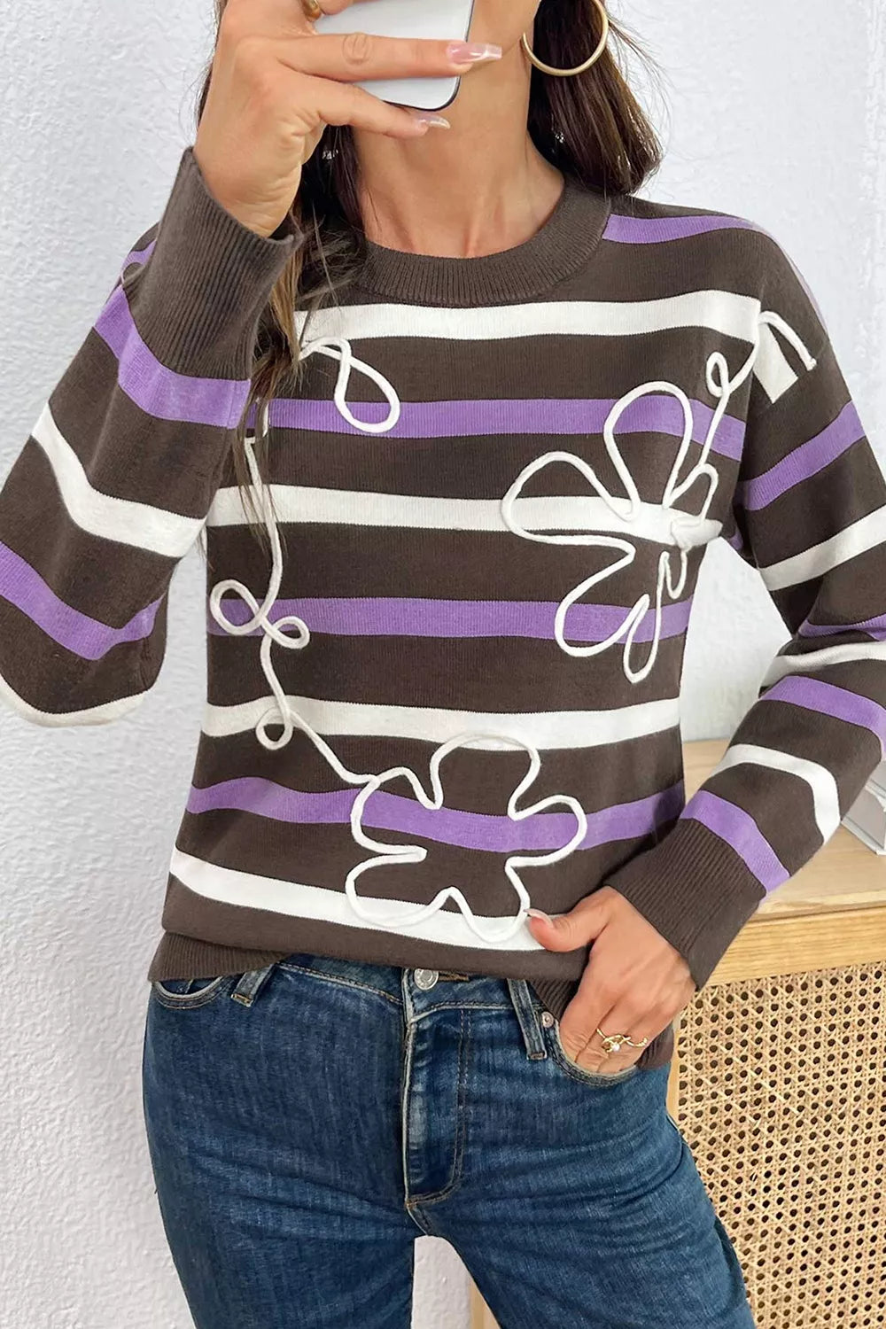 Trendsi Stripe Embroidered Detail Drop Shoulder Sweater -