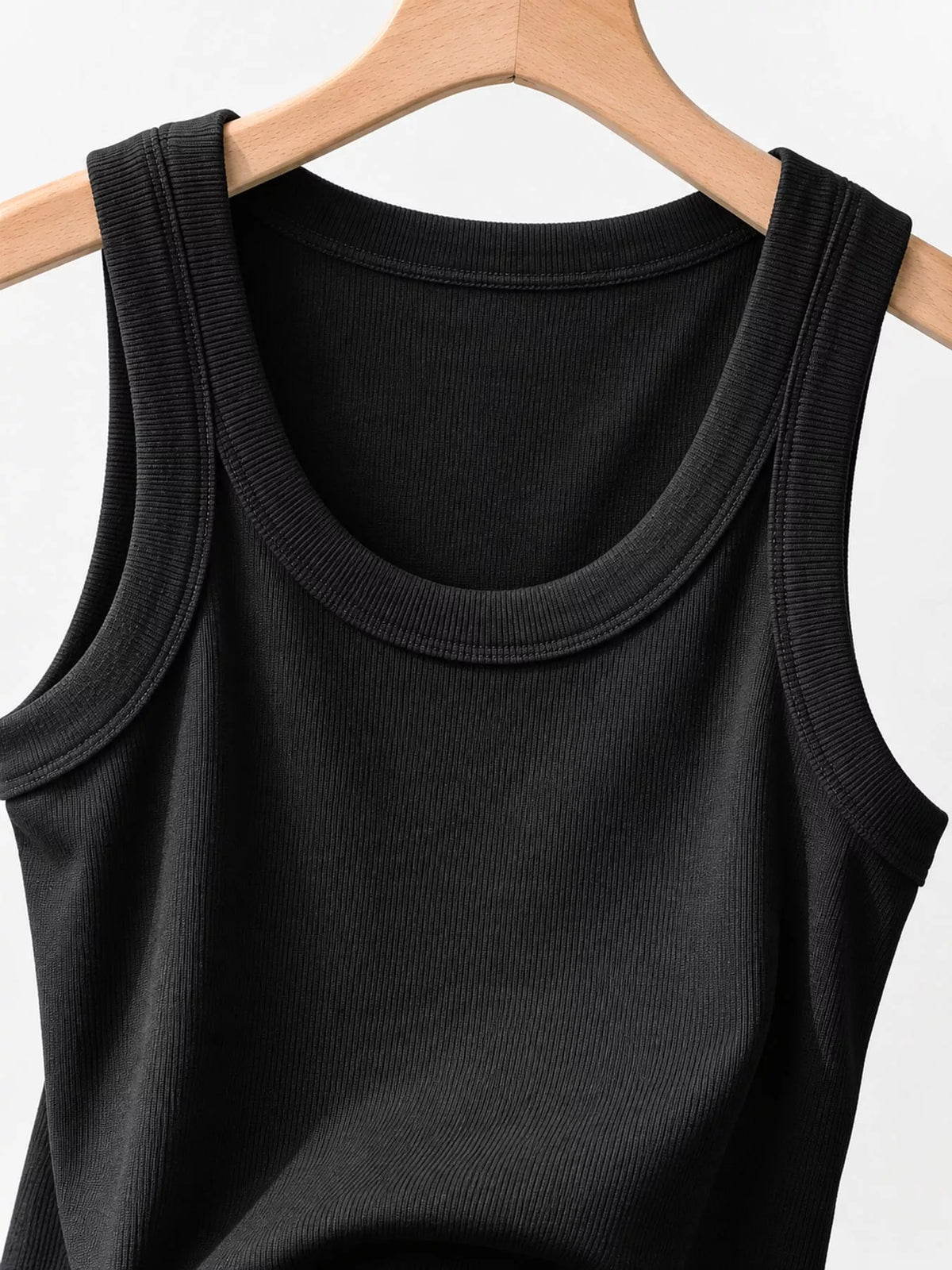 Black scoop neck tank top, detail view