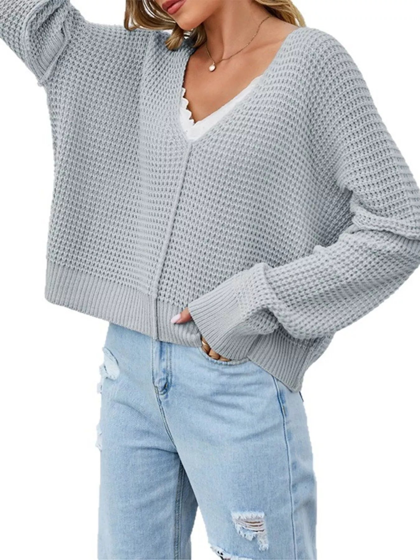 Trendsi Waffle Knit Dropped Shoulder Sweater -
