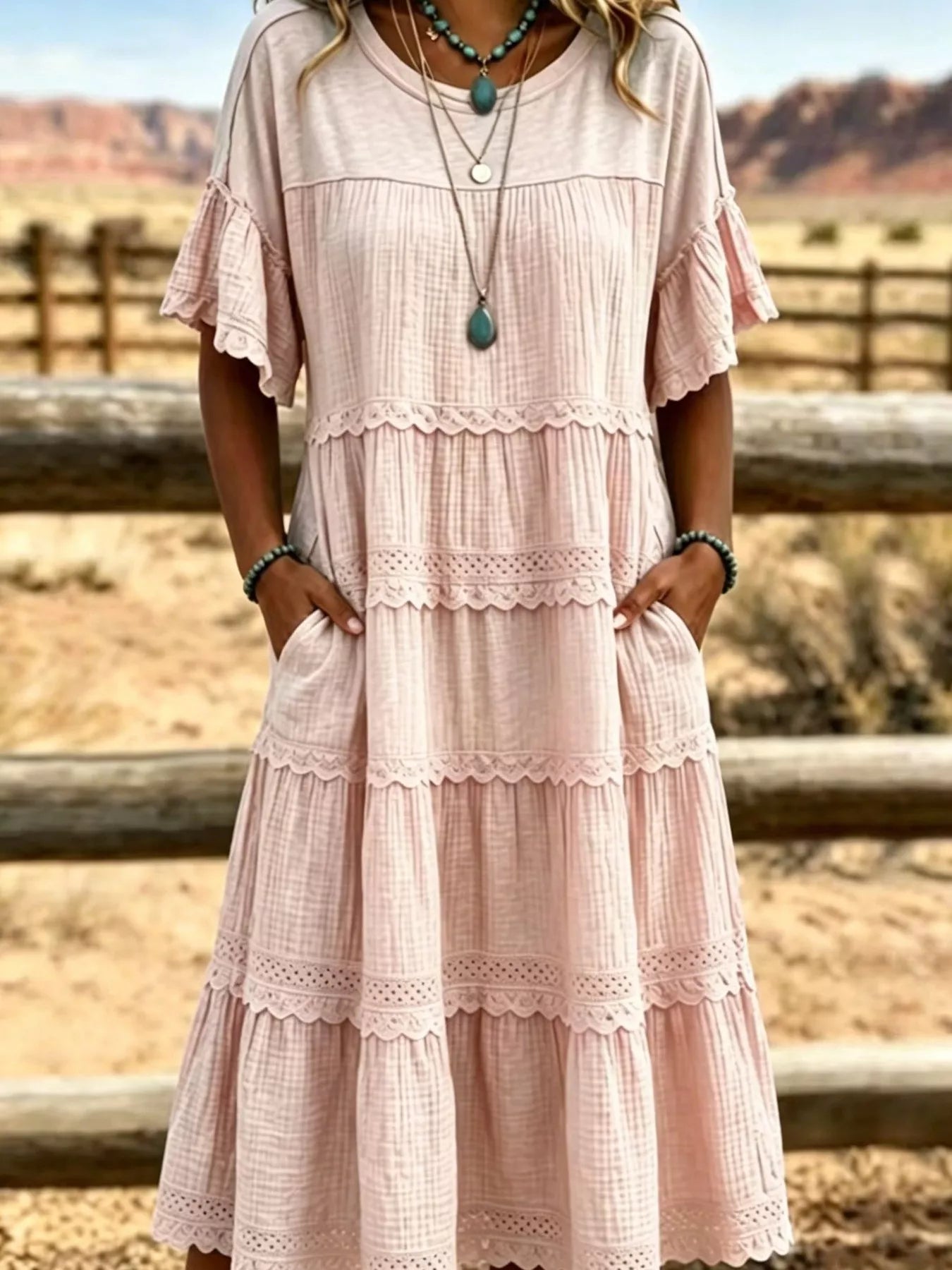 Trendsi Full Size Tiered Ruffle Sleeve Midi Dress with Pockets Plus Size -