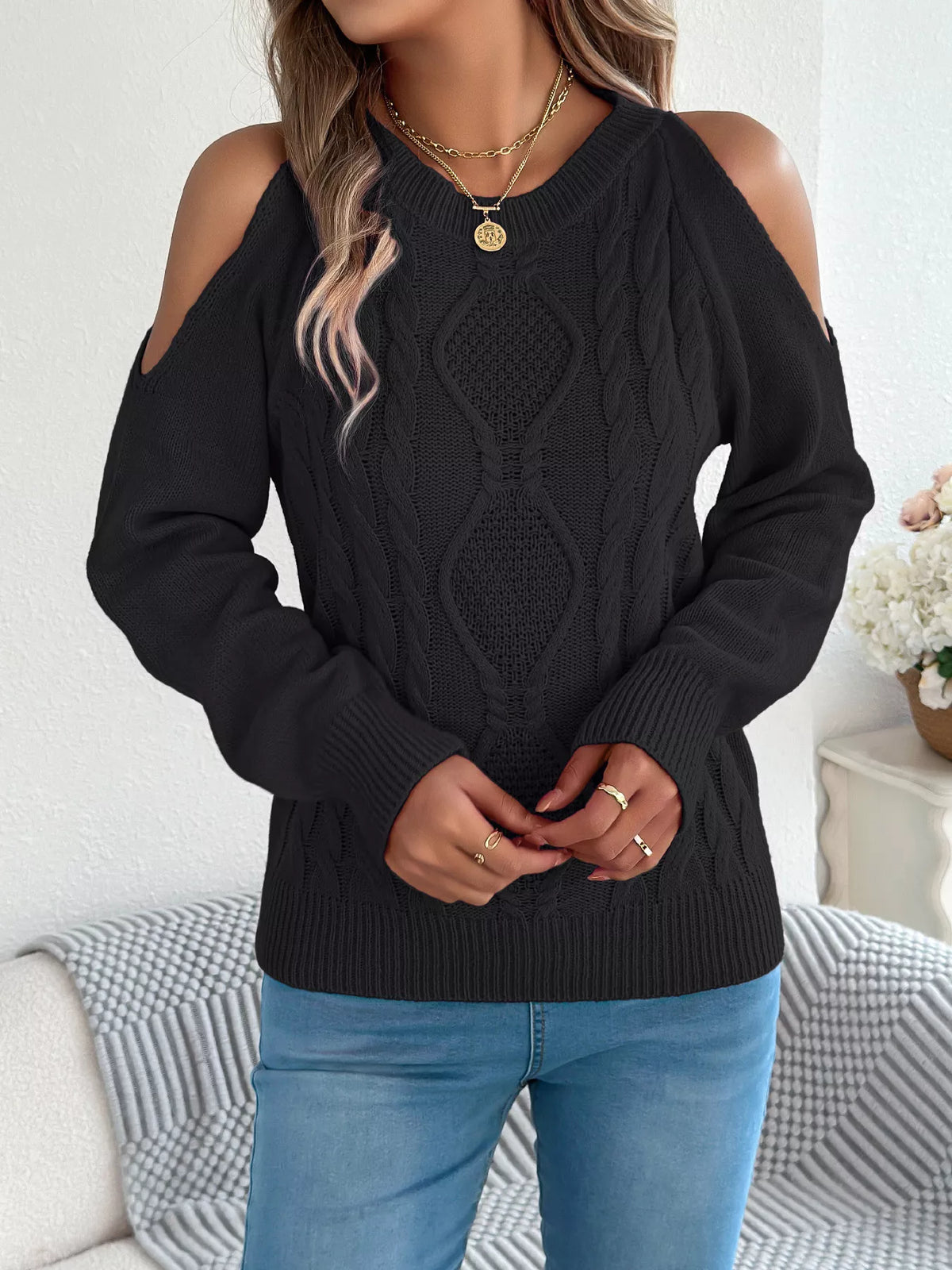 Black cold shoulder cable knit sweater