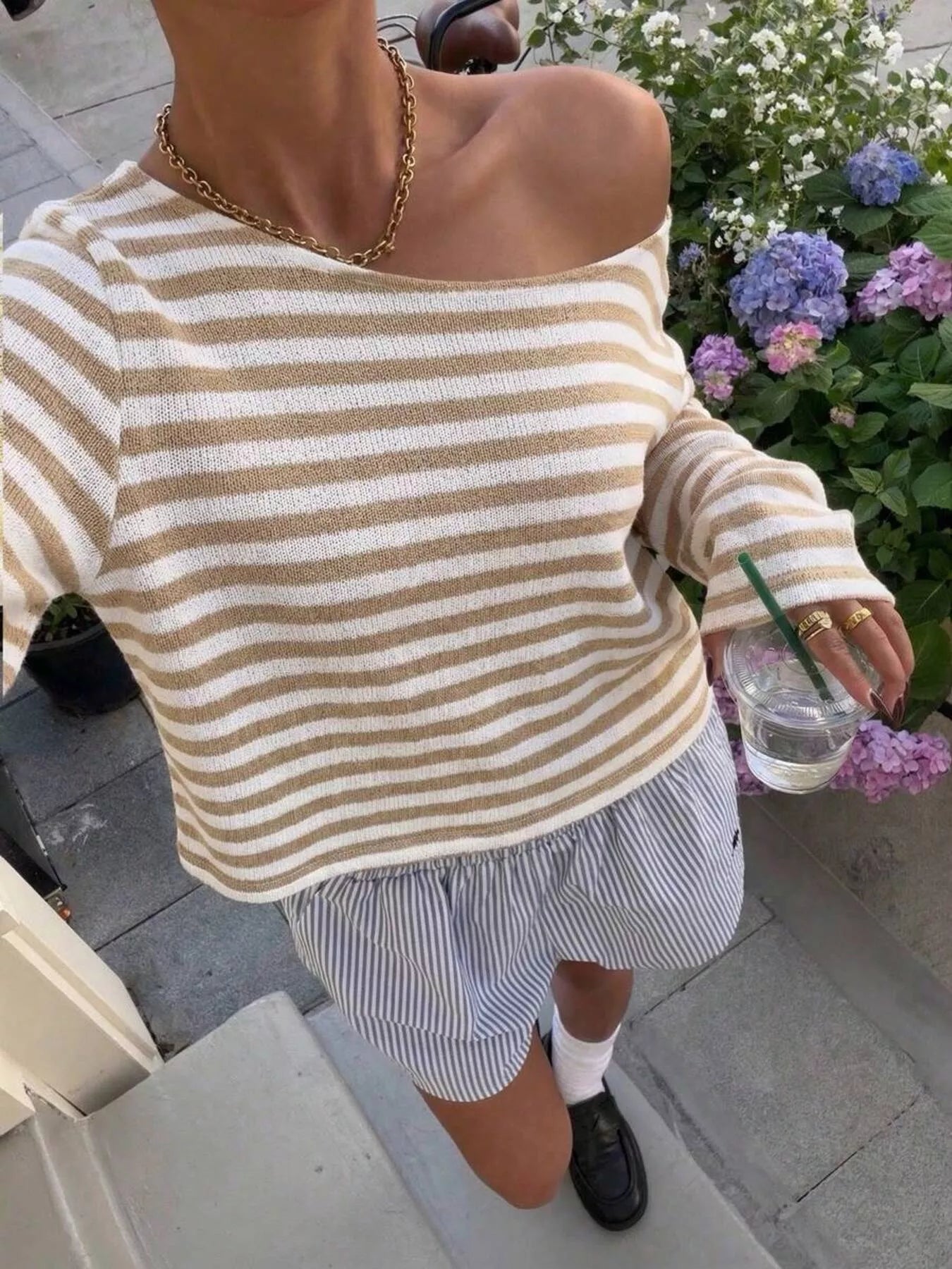 Trendsi Boat Neck Striped Long Sleeve T-Shirt -