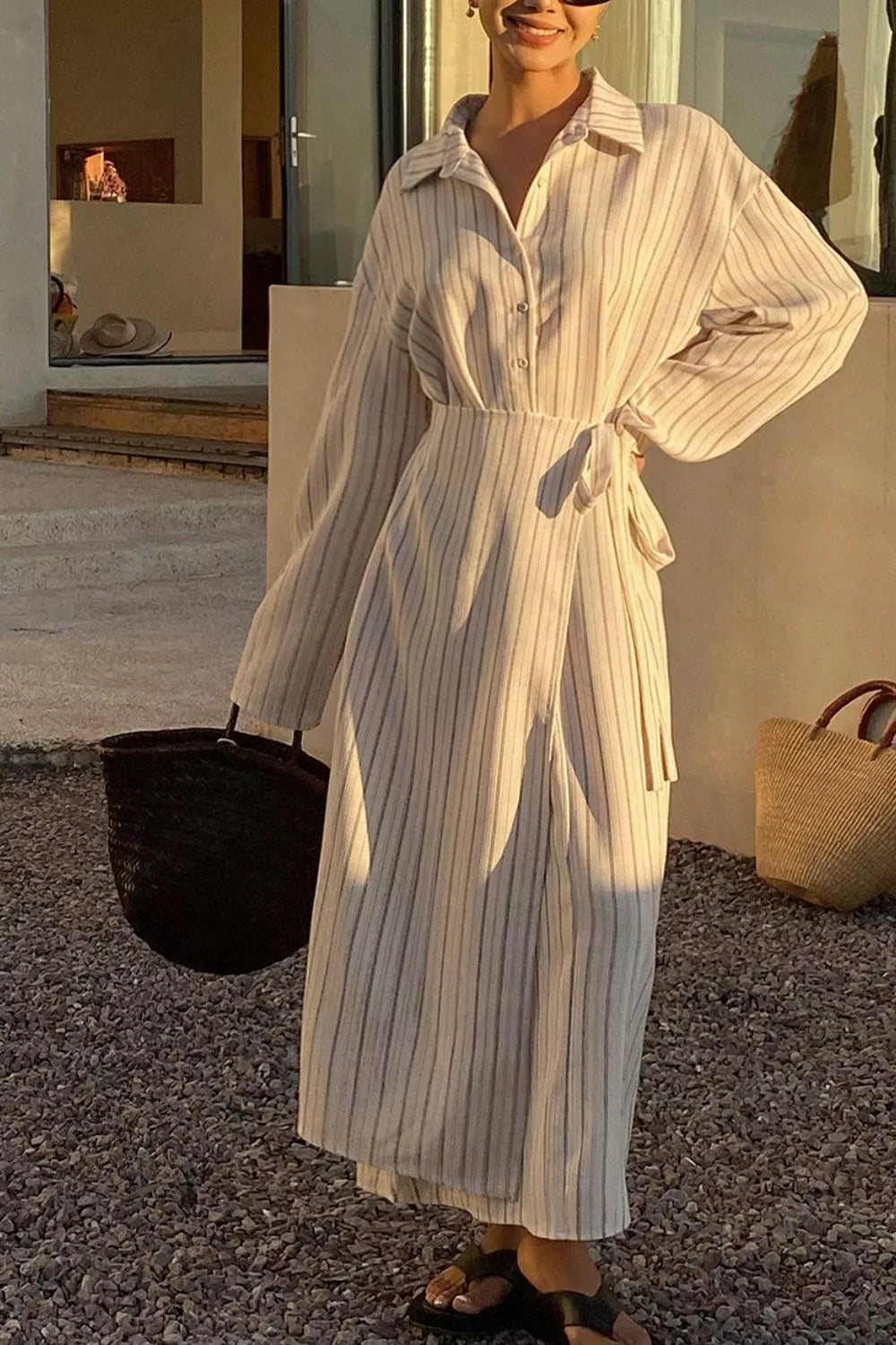 Striped button-down shirt dress with waist tie