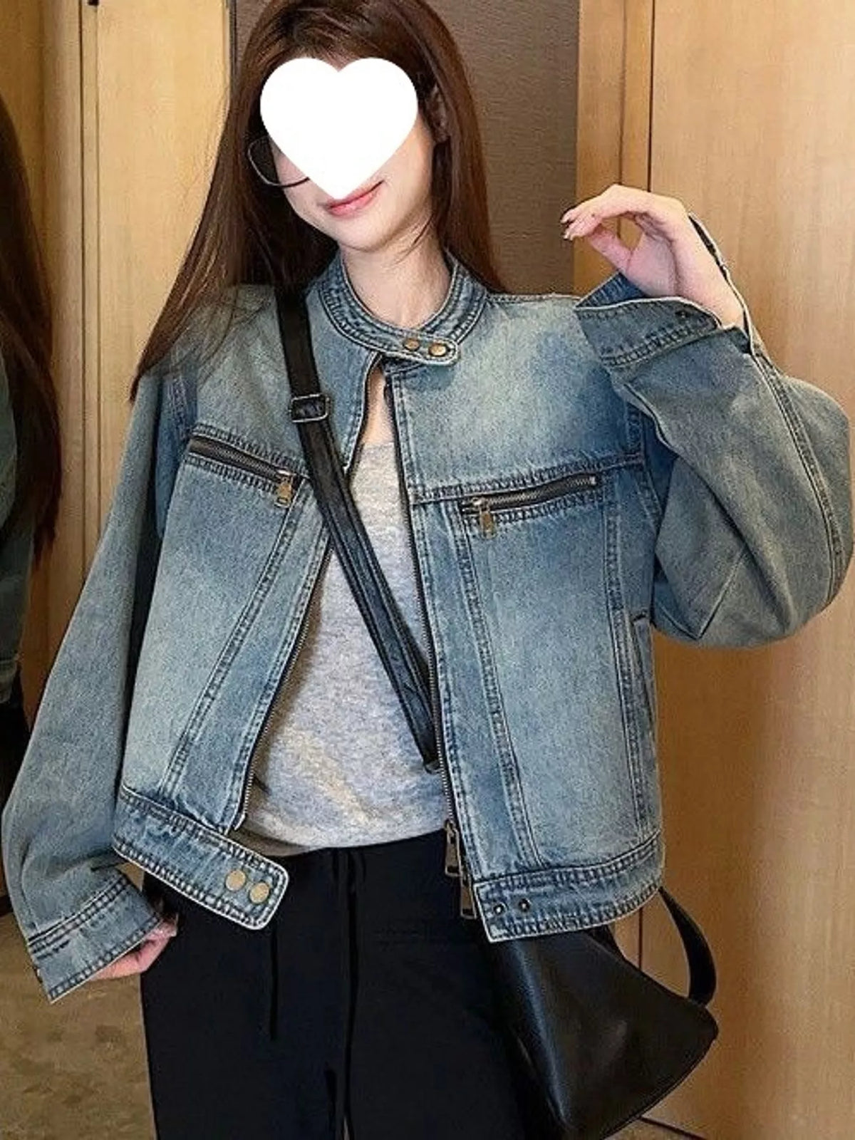 Zip-Up Long Sleeve Denim Jacket — front view