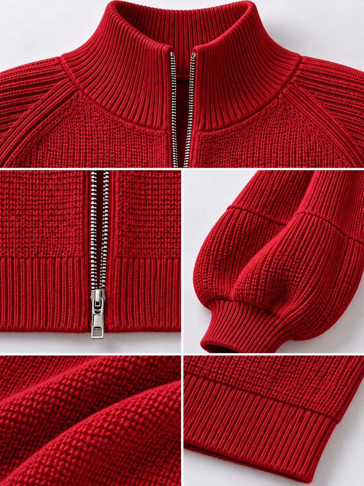 Red ribbed knit zip-up lantern sleeve cardigan, detail view