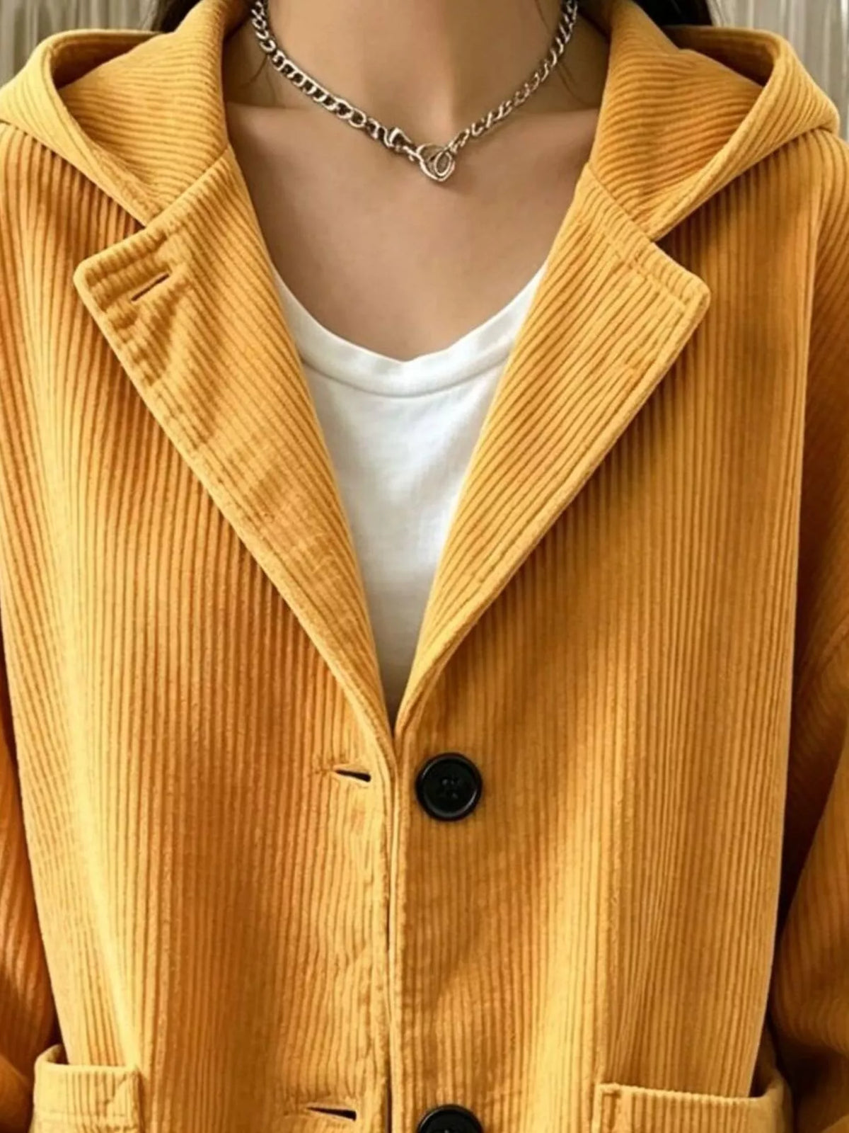 Women's Corduroy Button Up Hooded Jacket in mustard — pocket detail view