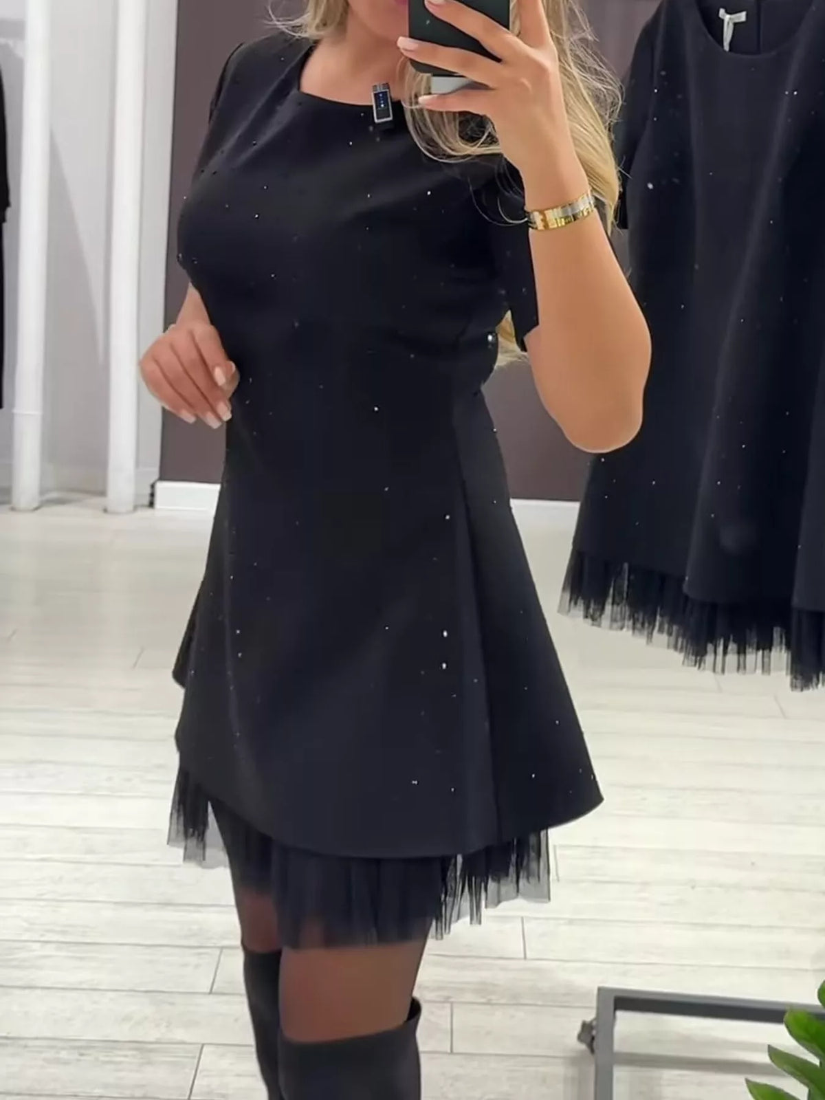 Black rhinestone a line mini dress with tulle hem, front view