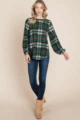 Trendsi BOMBOM Curved Hem Plaid Round Neck Long Sleeve Top -
