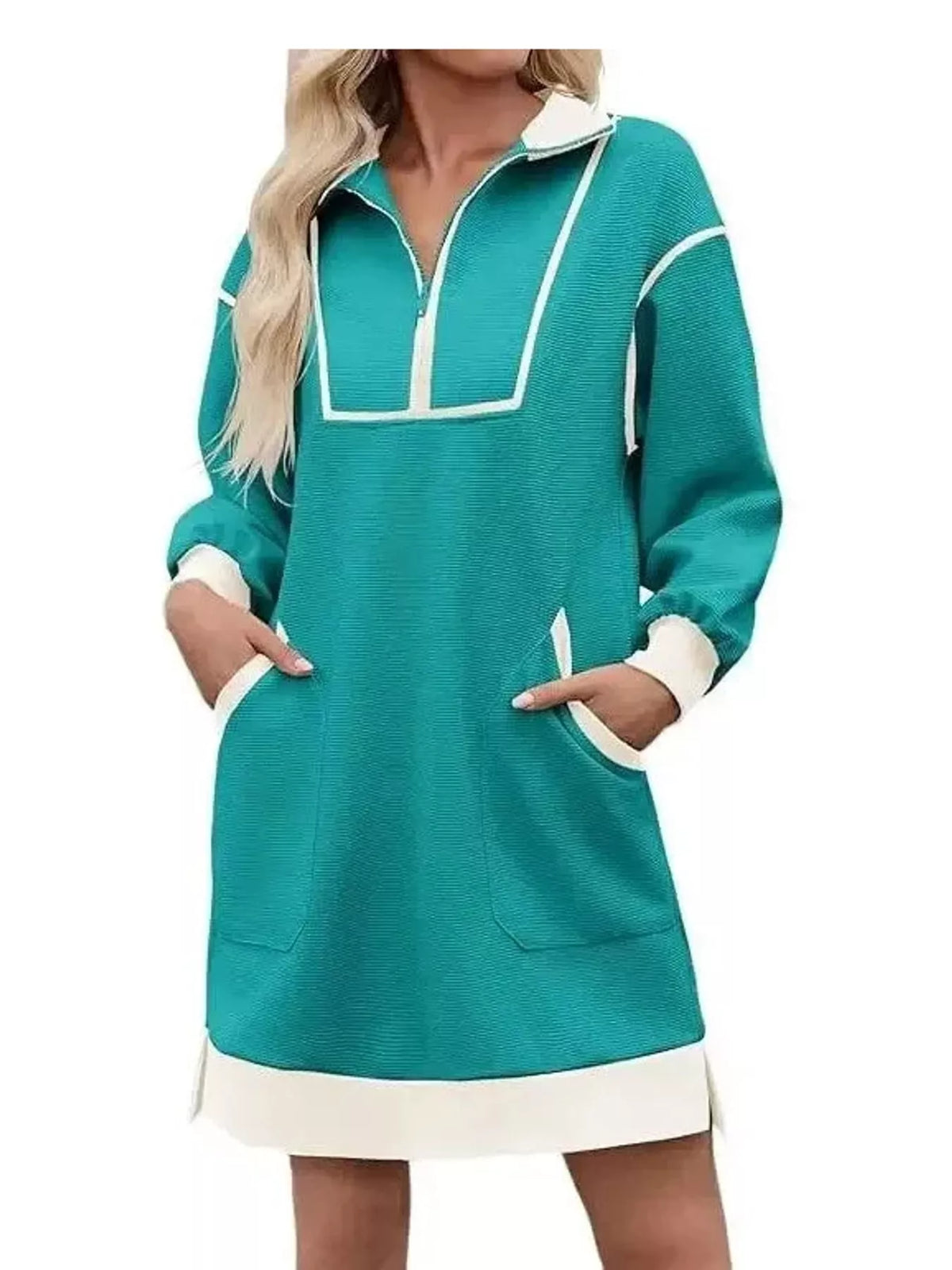 Teal color block quarter-zip sweatshirt dress — front view