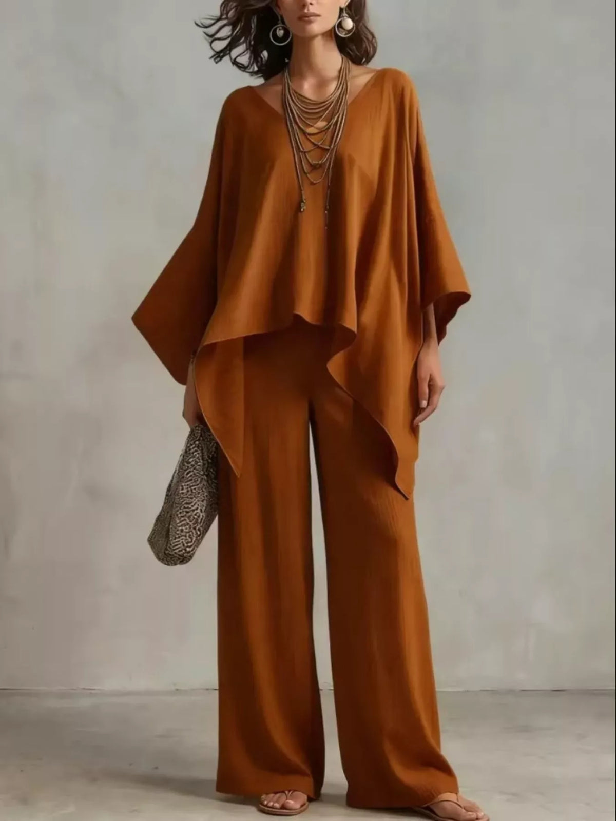 Loose-Fit V-Neck Top and Pants Set