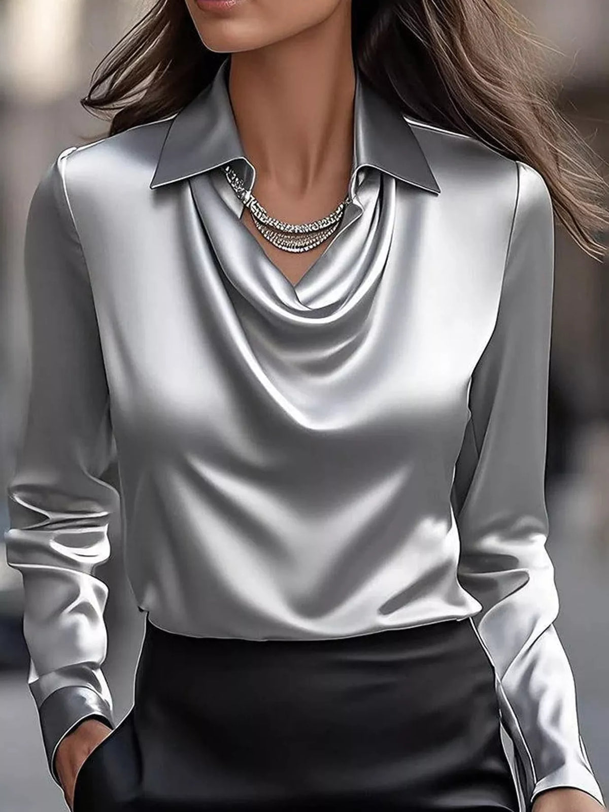 Gray satin cowl neck blouse