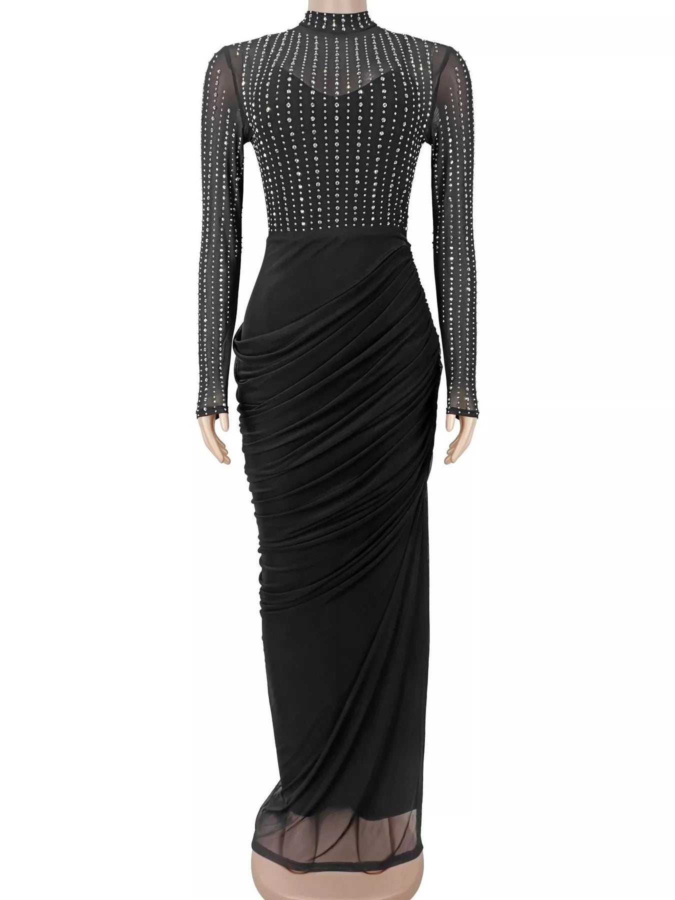 Trendsi Rhinestone Mock Neck Ruched Maxi Dress -