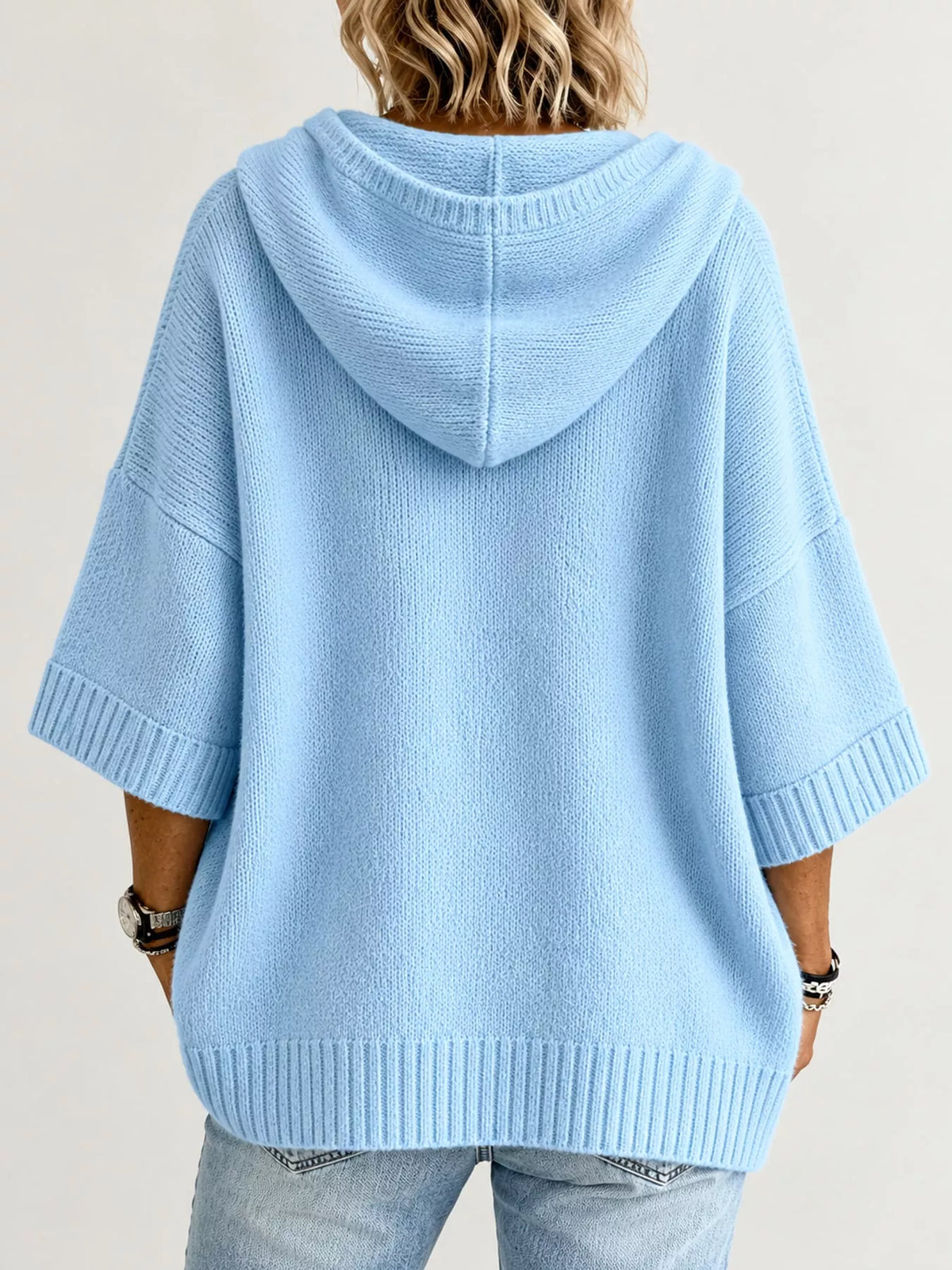 Hooded knit cardigan, light blue back