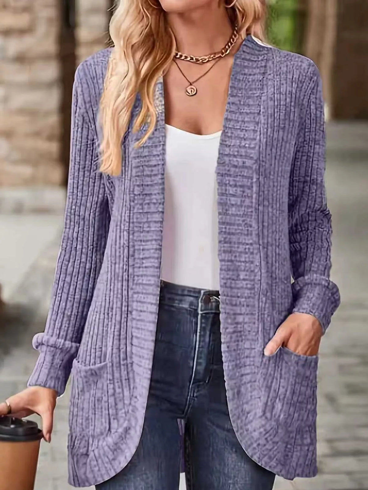 Purple ribbed open-front longline cardigan