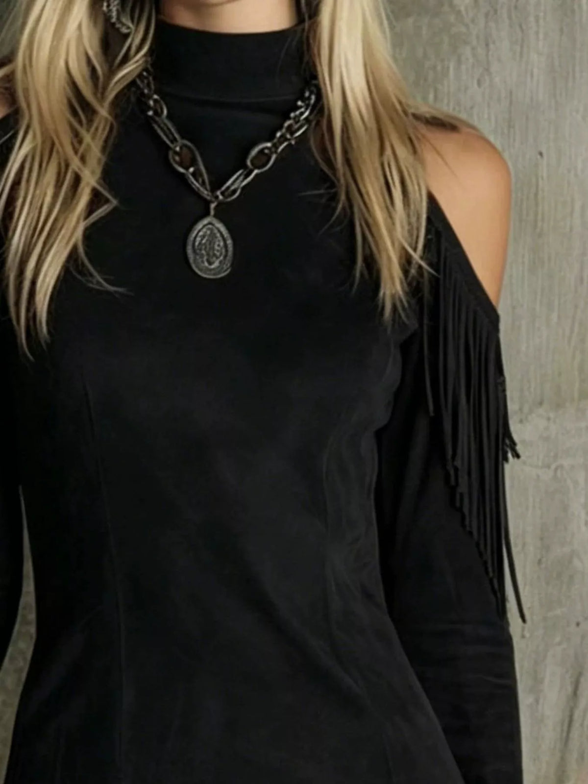 Trendsi Fringed Cold Shoulder Mini Dress -