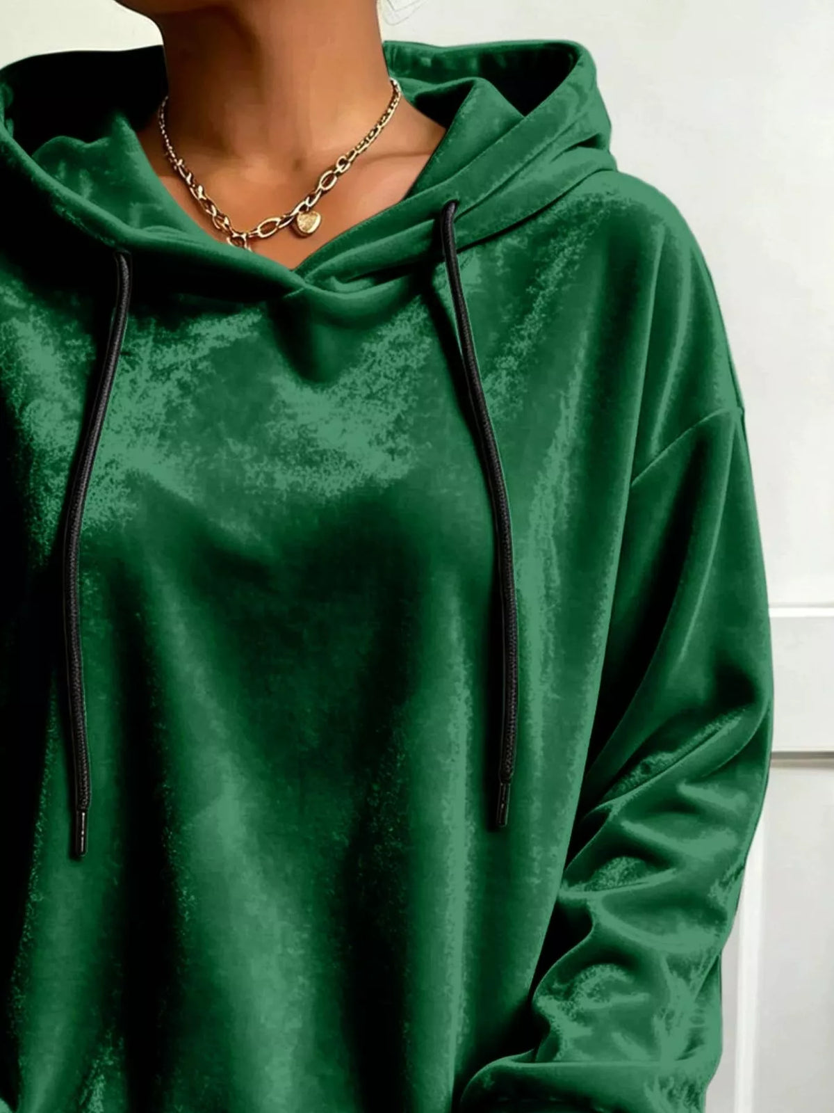 Green velvet drawstring hoodie, hood and drawstring neckline