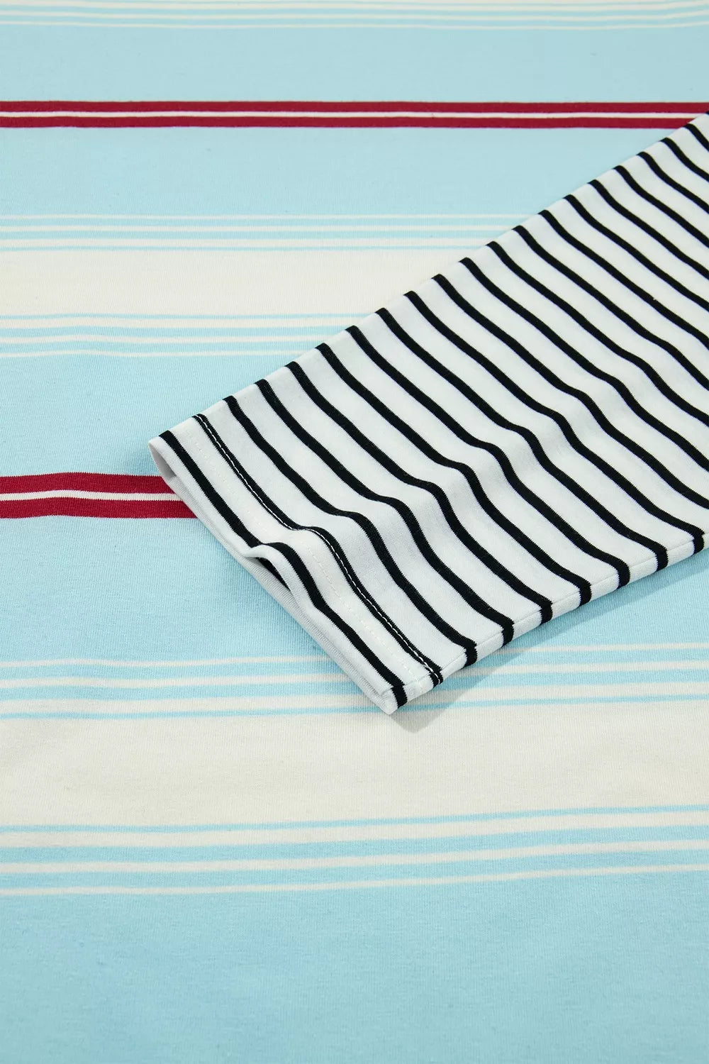 Striped Patchwork Long Sleeve Pullover Top in blue, sleeve detail