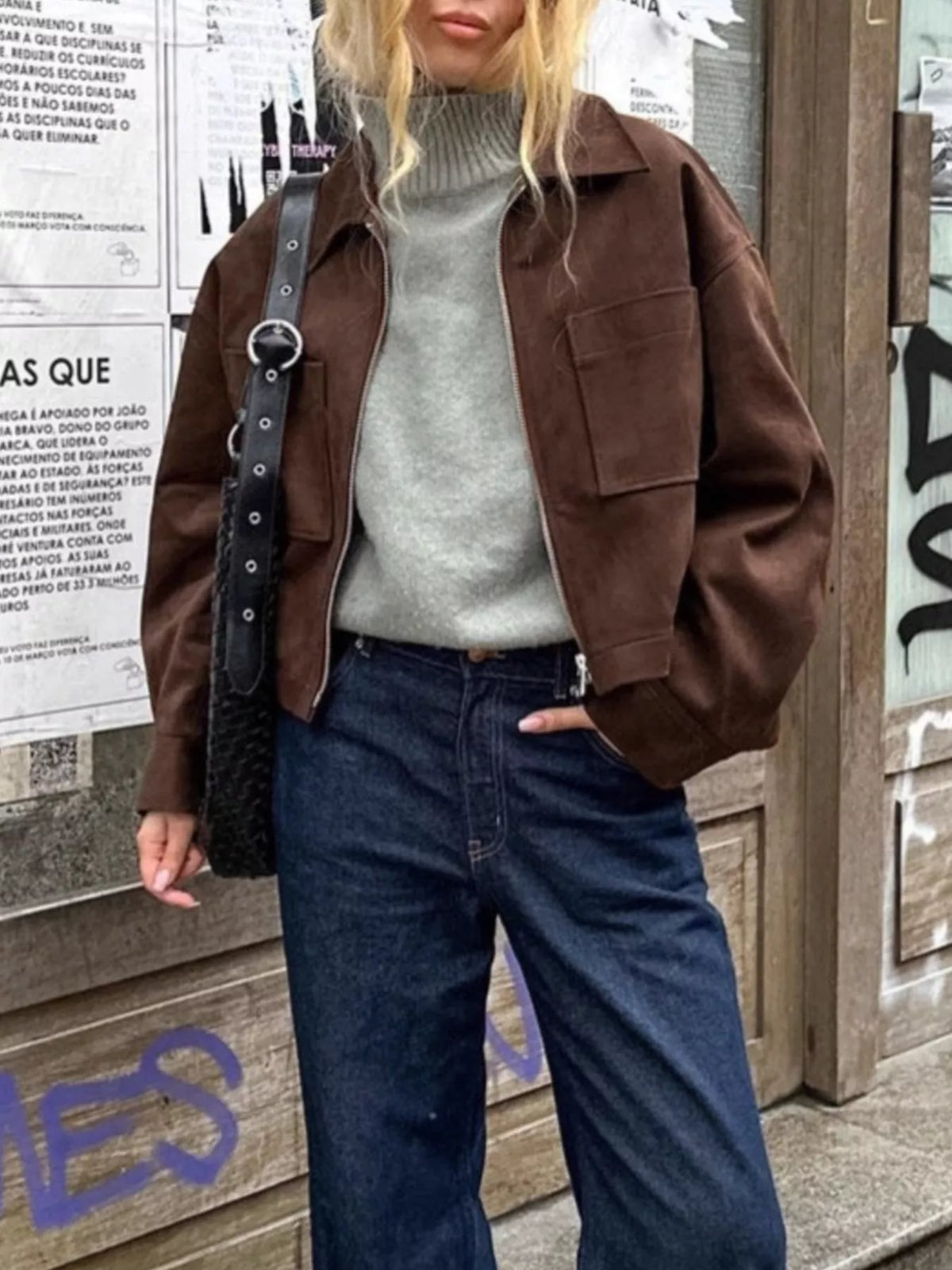 Faux Suede Utility Jacket with Front Pockets, front view