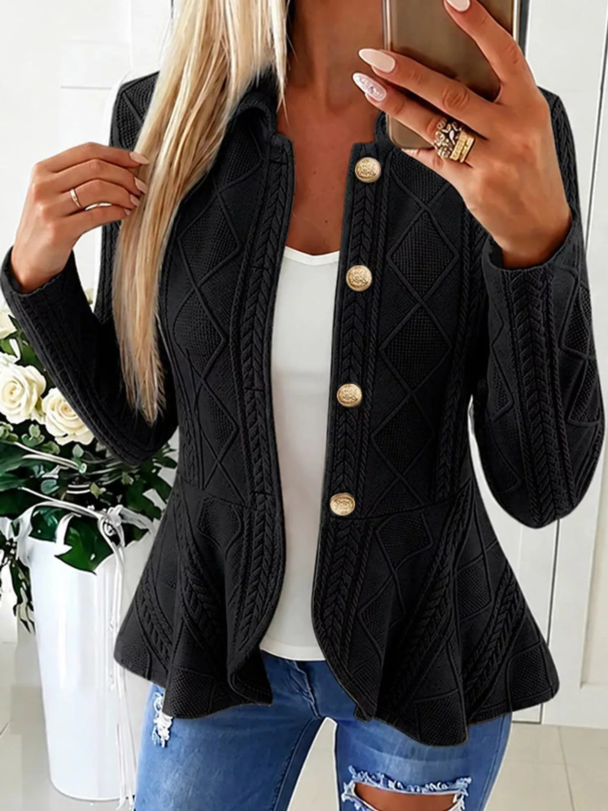 Black cable-knit button-up cardigan — front view